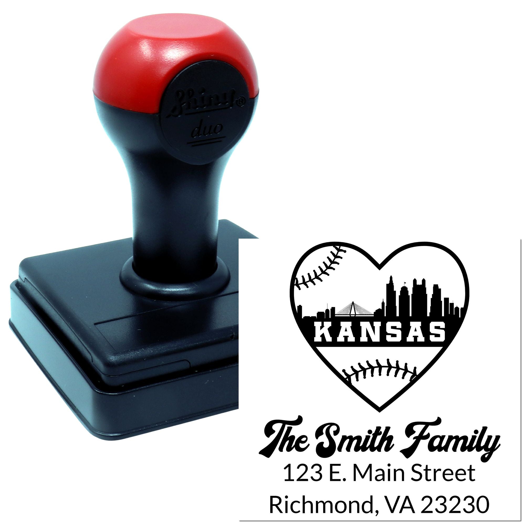 Custom self-inking family address stamp with Kansas heart baseball design, skyline, and The Smith Family return address.
