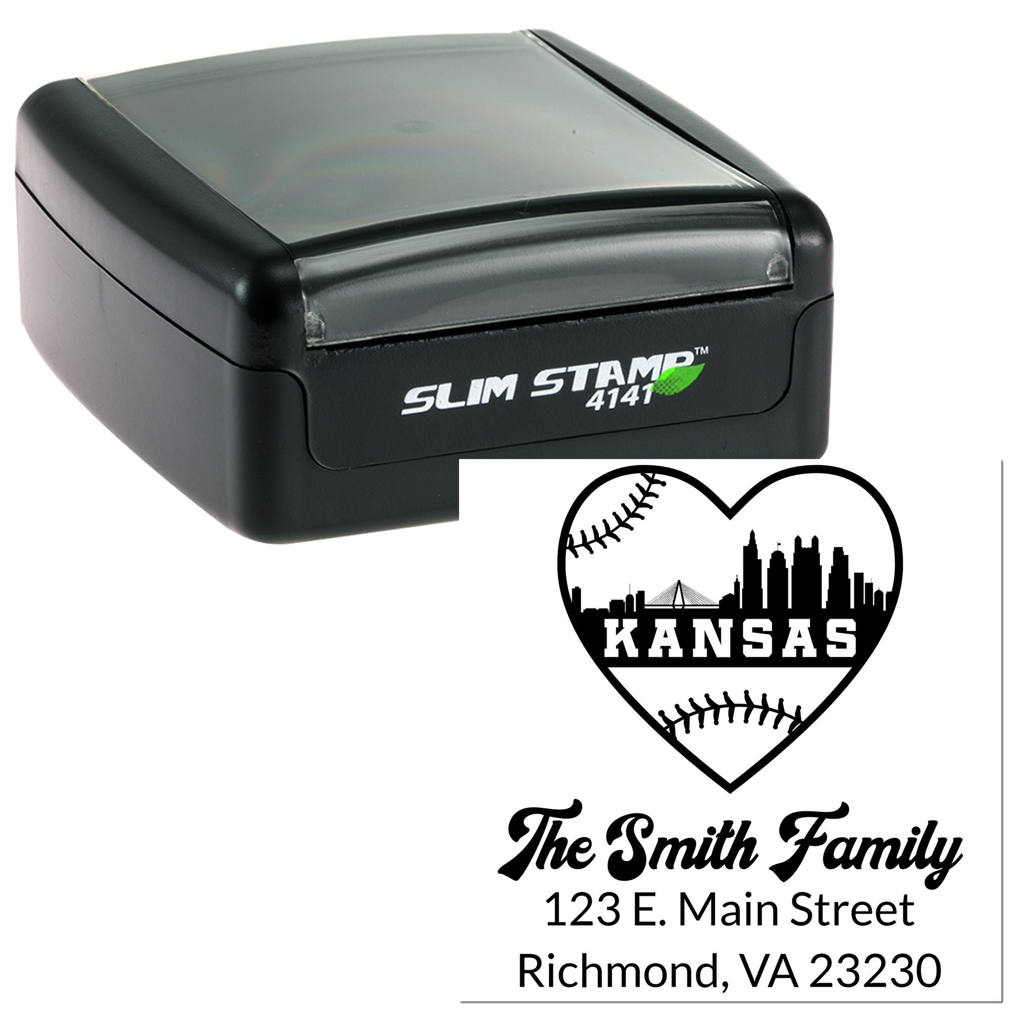 Slim Stamp 4141 self-inking rubber stamp with custom Kansas baseball heart design and family address imprint