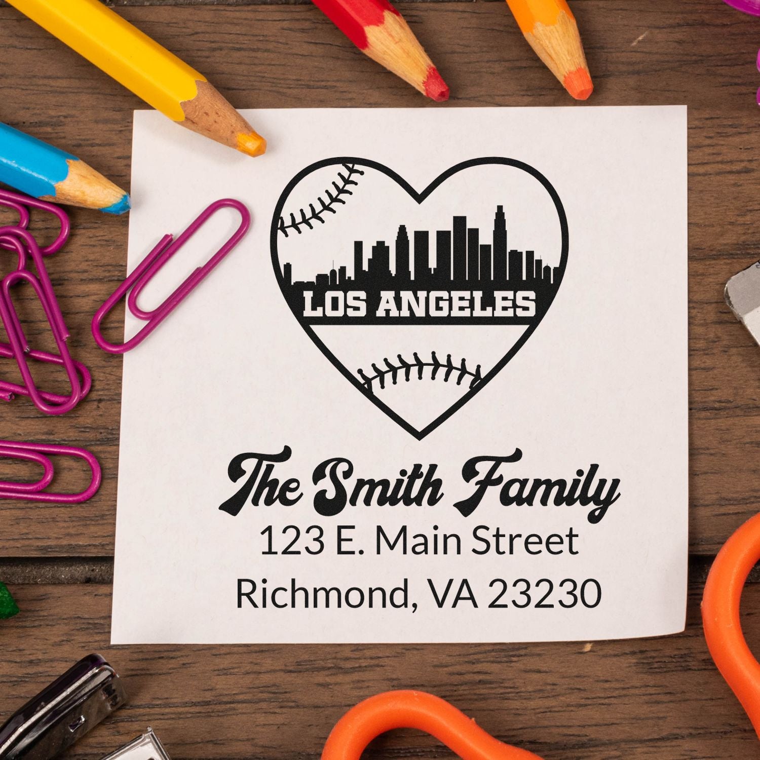 Custom family address rubber stamp with Los Angeles heart skyline, The Smith Family, 123 E. Main Street, Richmond, VA 23230