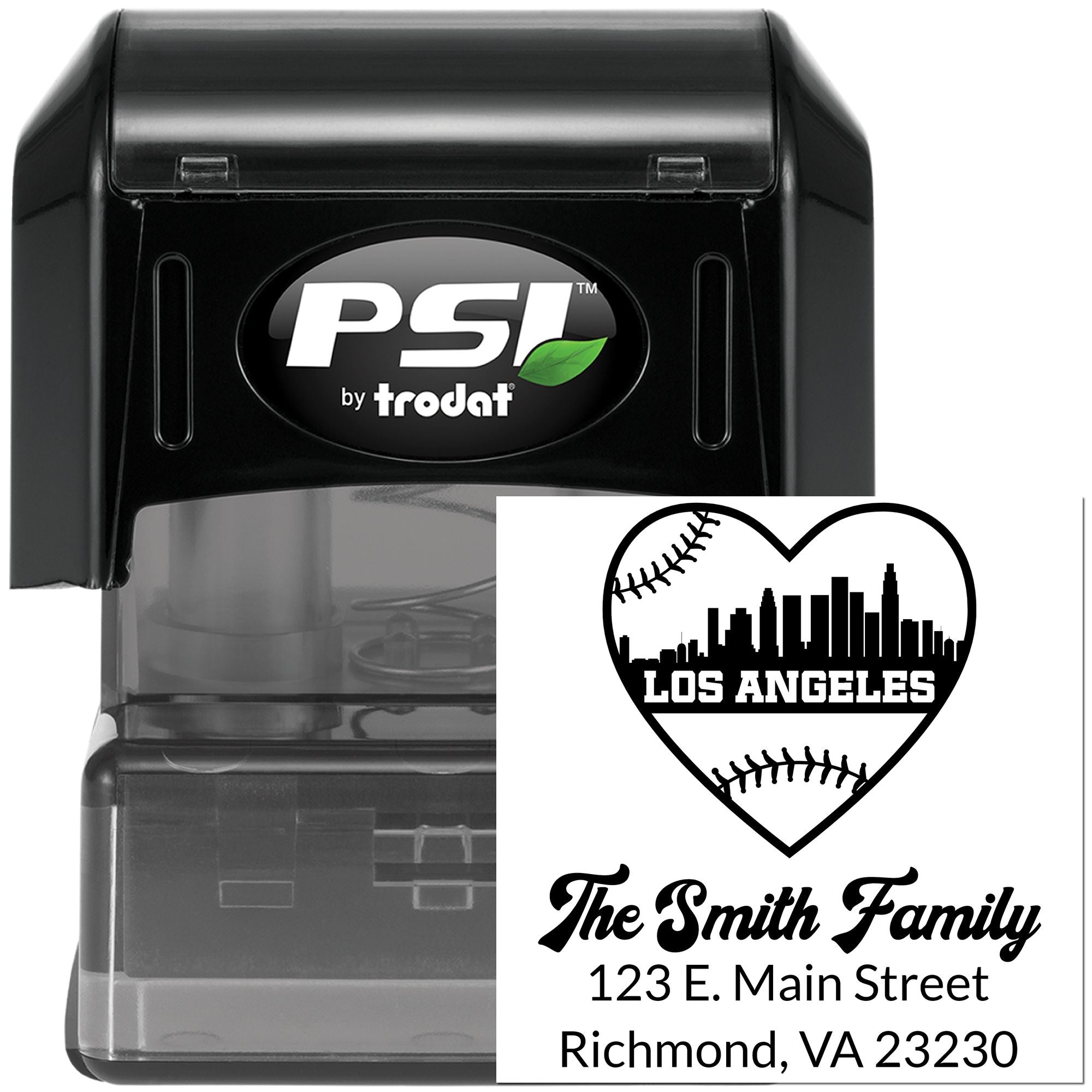 Custom self-inking address stamp with baseball heart design, family name, and return address by PSI by trodat.