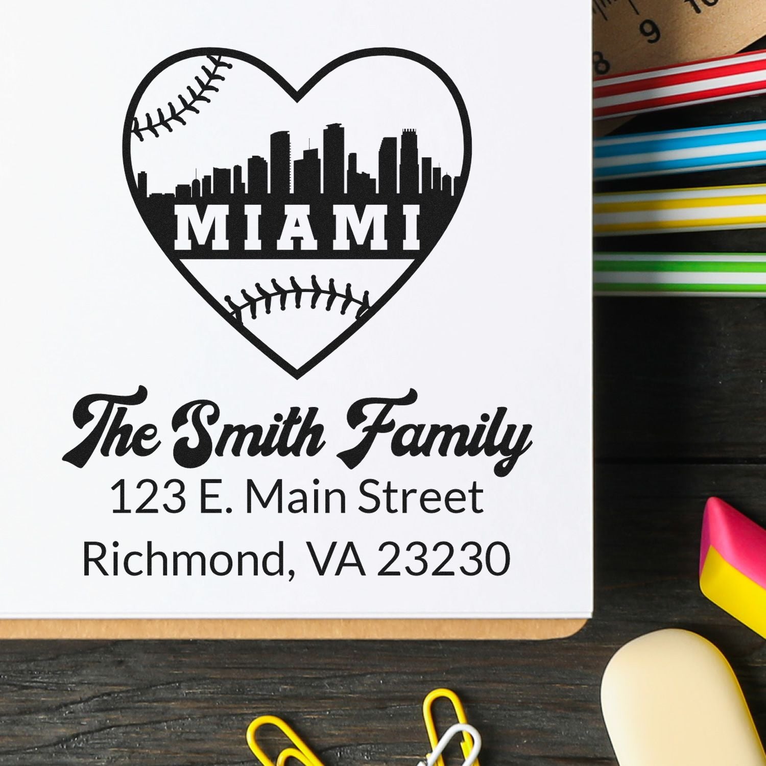 Personalized family address rubber stamp with Miami baseball heart skyline, The Smith Family, and return mailing address.