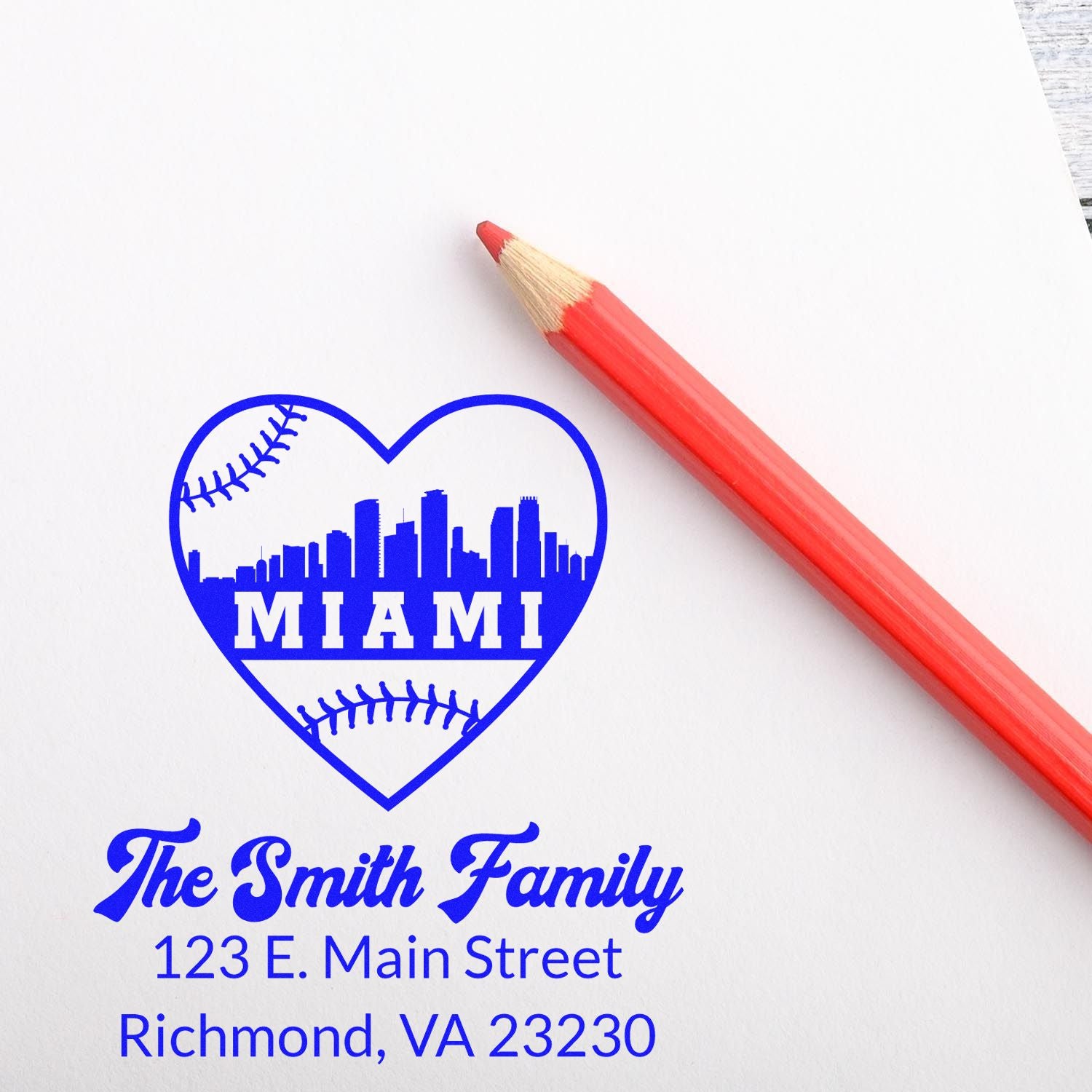 Custom rubber return address stamp with Miami baseball heart logo for The Smith Family, Richmond, VA 23230.