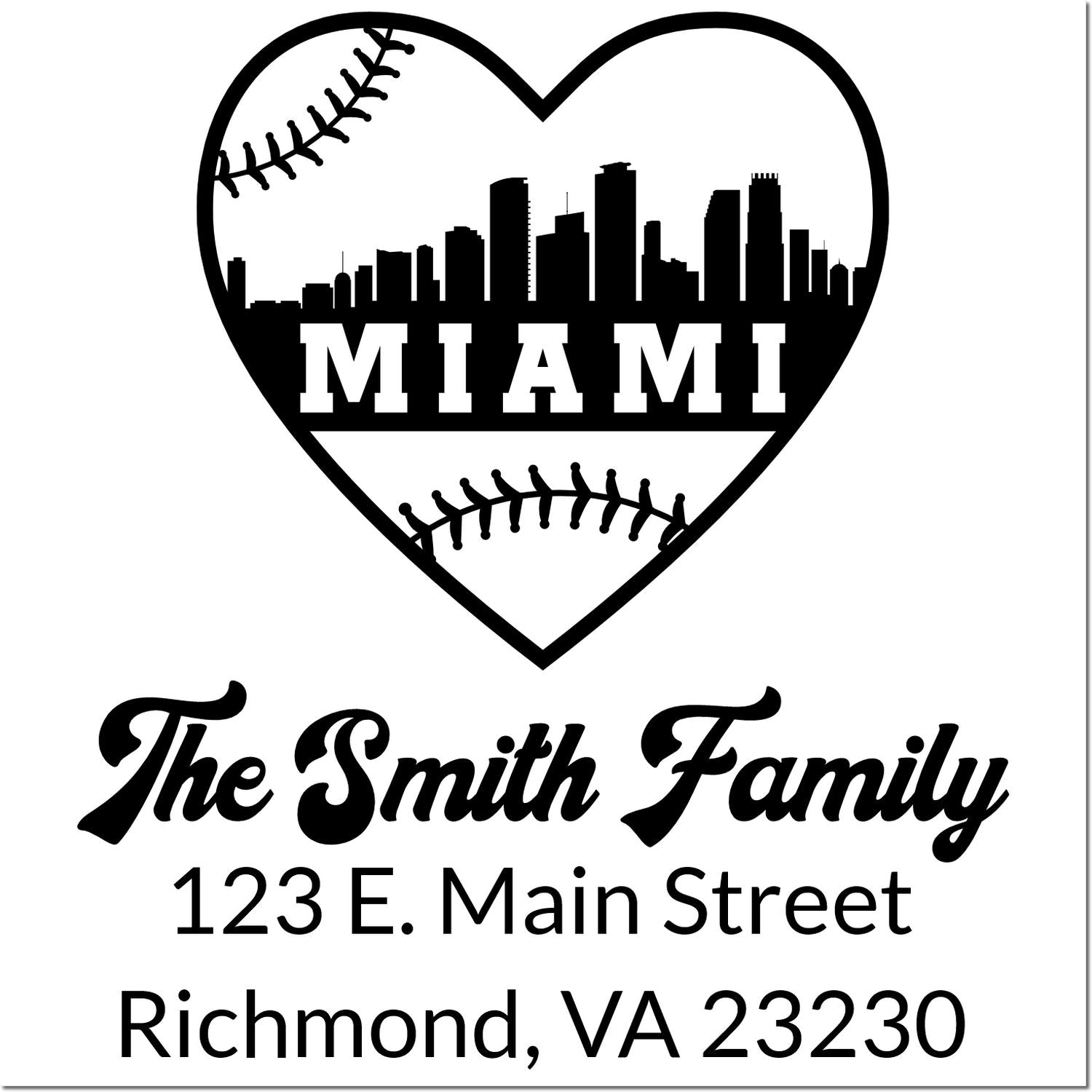 Custom return address rubber stamp with Miami skyline heart, baseball stitches, The Smith Family, Richmond, VA 23230.