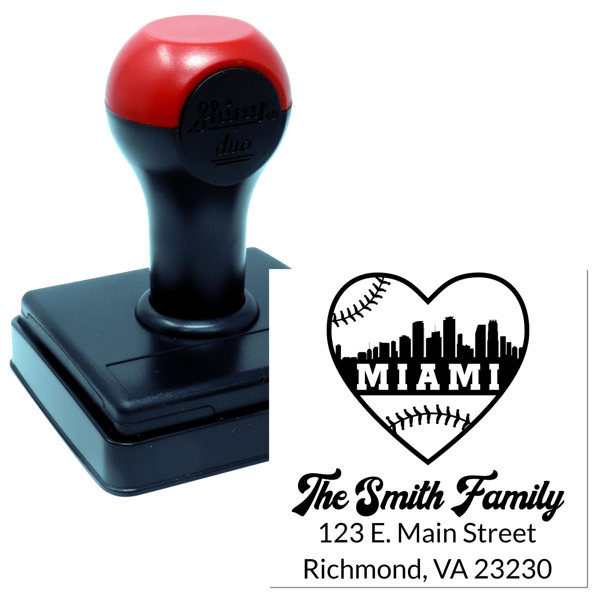 Custom self-inking rubber stamp with Miami baseball heart design and The Smith Family address for return mail.