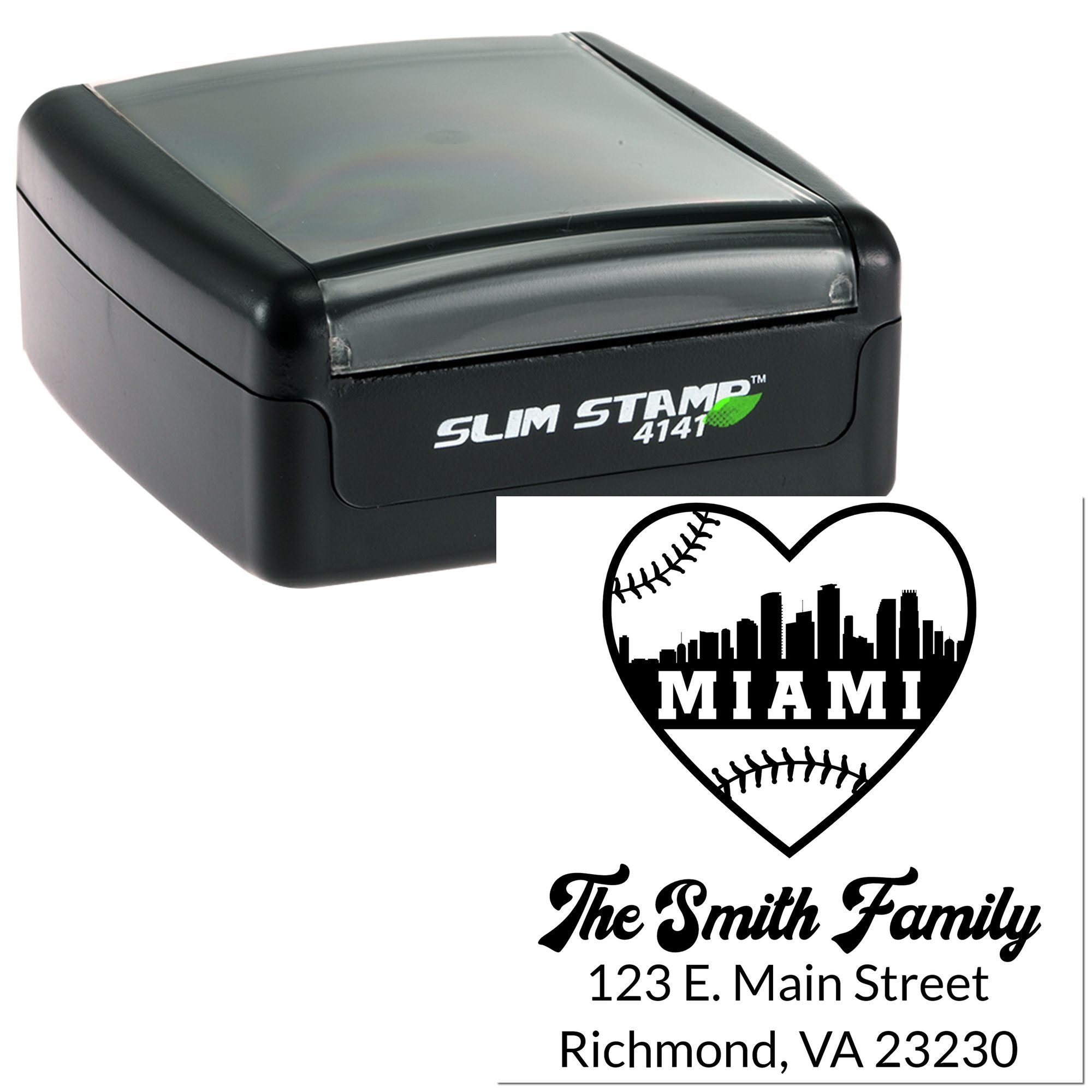 Custom self-inking Slim Stamp rubber stamp with Miami baseball heart and Smith Family address design