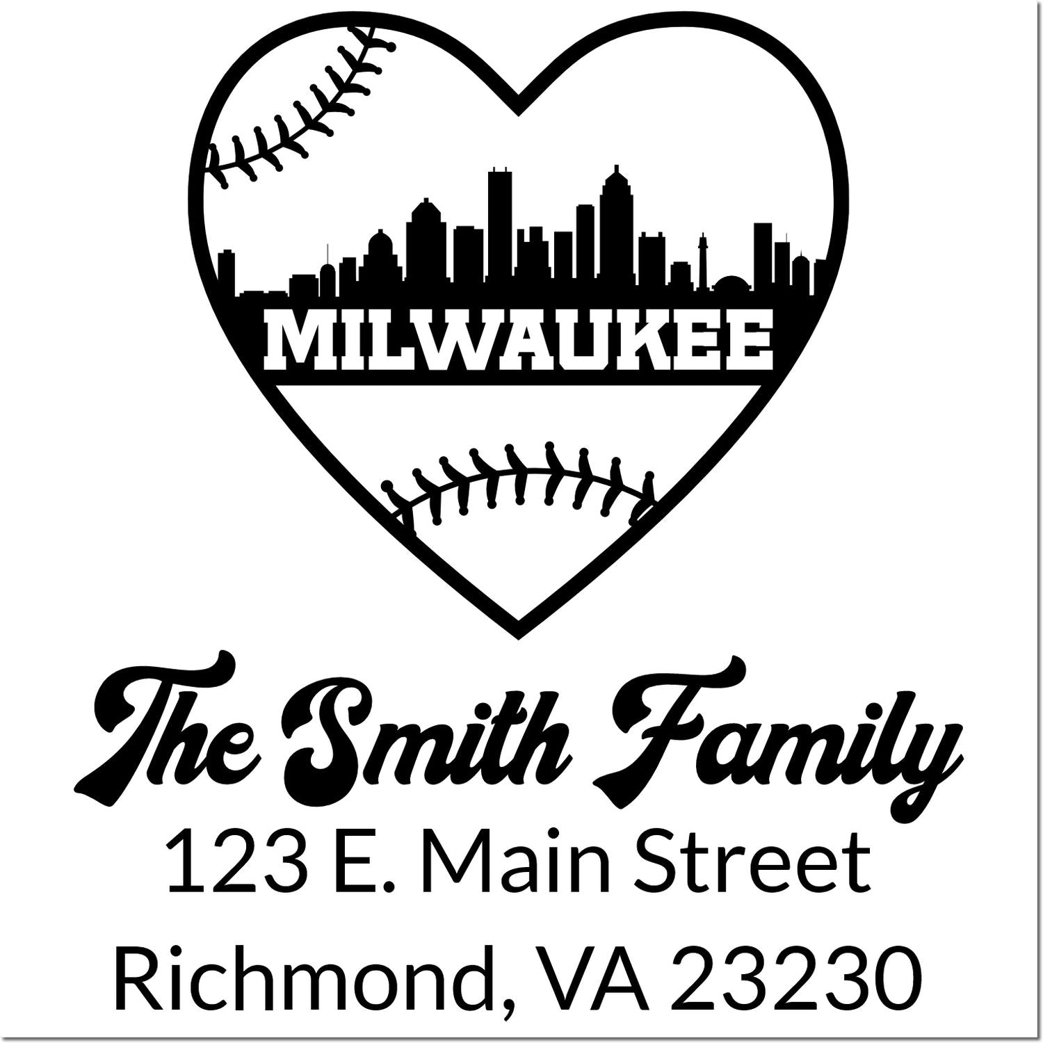 Personalized baseball heart family address rubber stamp with Milwaukee skyline, The Smith Family, 123 E. Main Street, Richmond, VA 23230.
