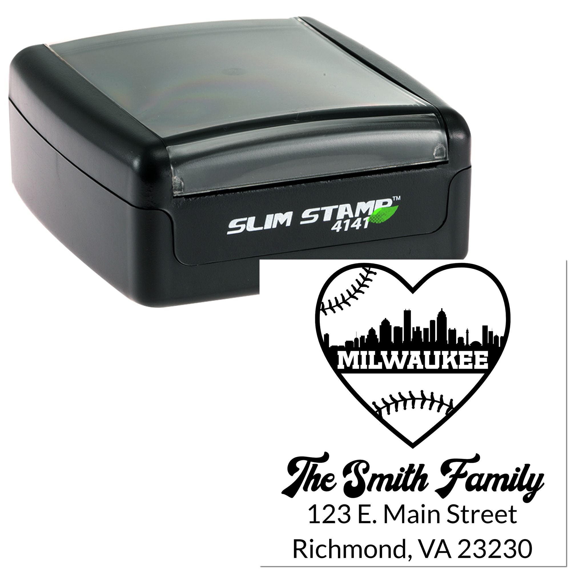 Slim self-inking rubber stamp with custom Milwaukee baseball heart design and family address for personalized mailing.