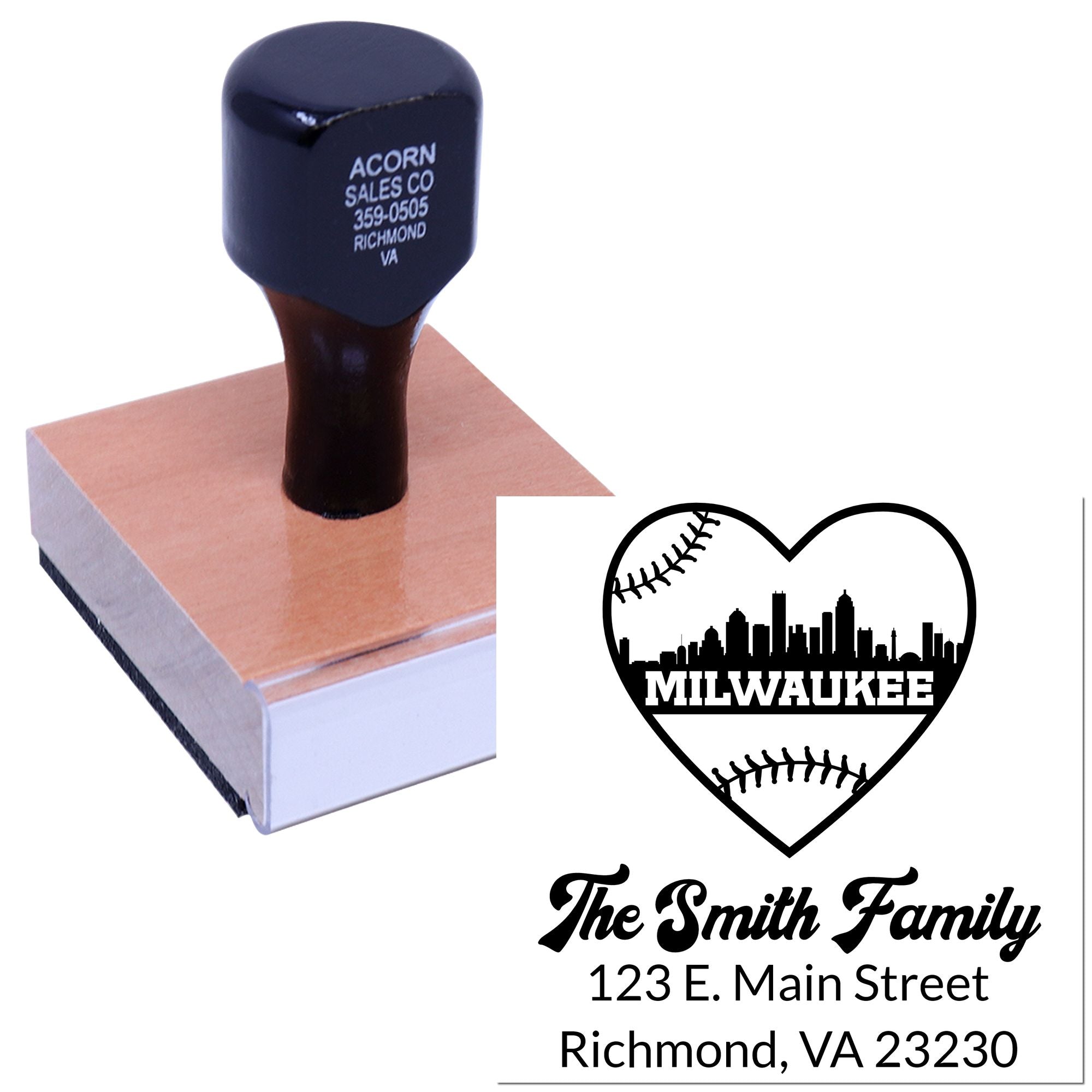 Custom rubber stamp and address design for The Smith Family, featuring a baseball heart skyline for personalized mailings.