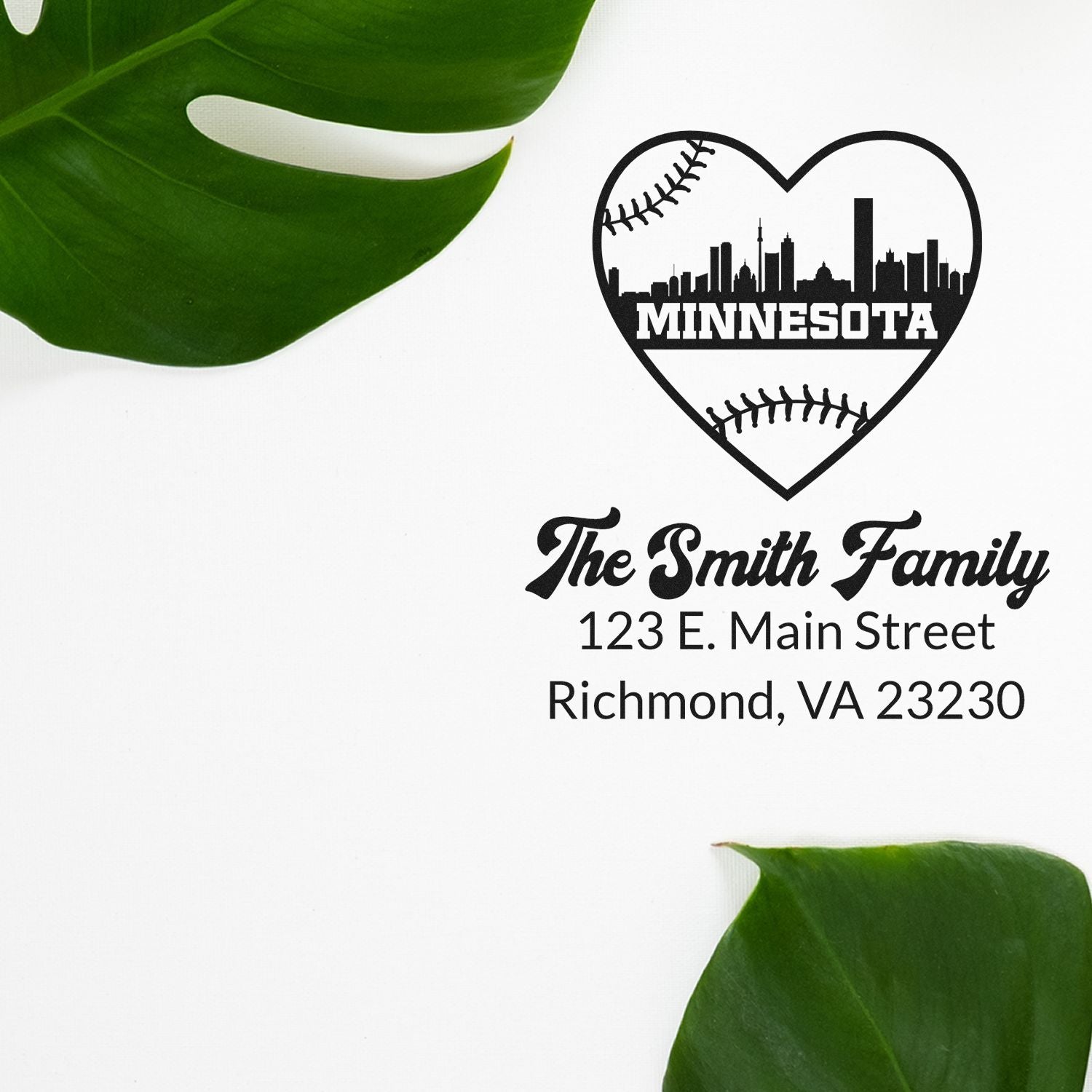 Personalized Minnesota baseball heart return address rubber stamp for The Smith Family with skyline and Richmond, VA.