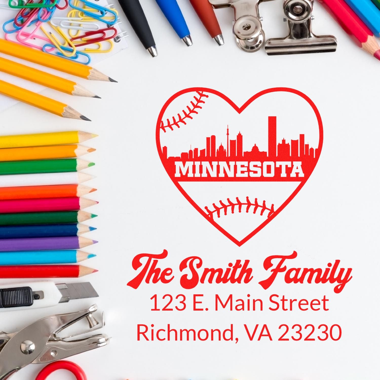 Custom rubber stamp design with Minnesota baseball heart, family name, and address for personalized return labels.