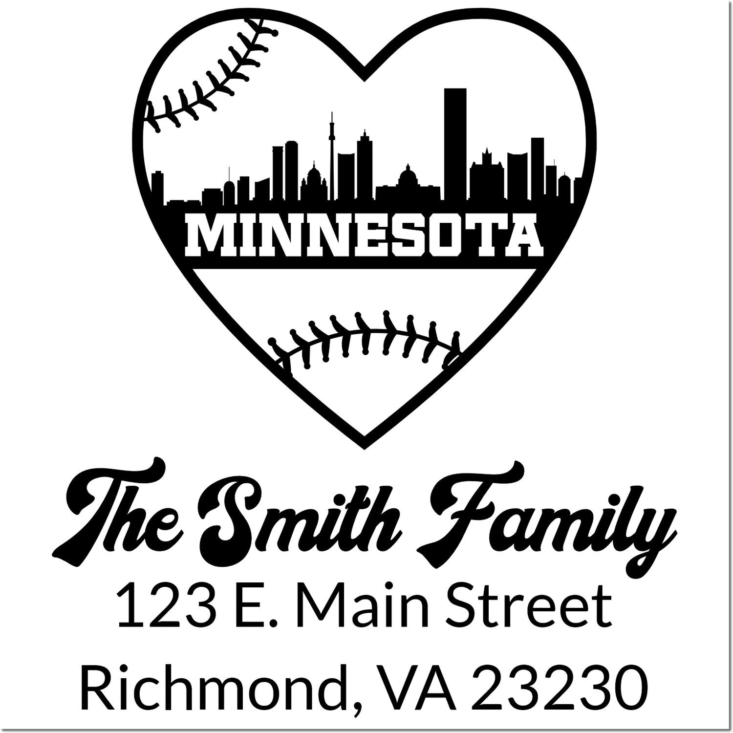Minnesota baseball heart skyline custom family address rubber stamp, The Smith Family, Richmond, VA 23230