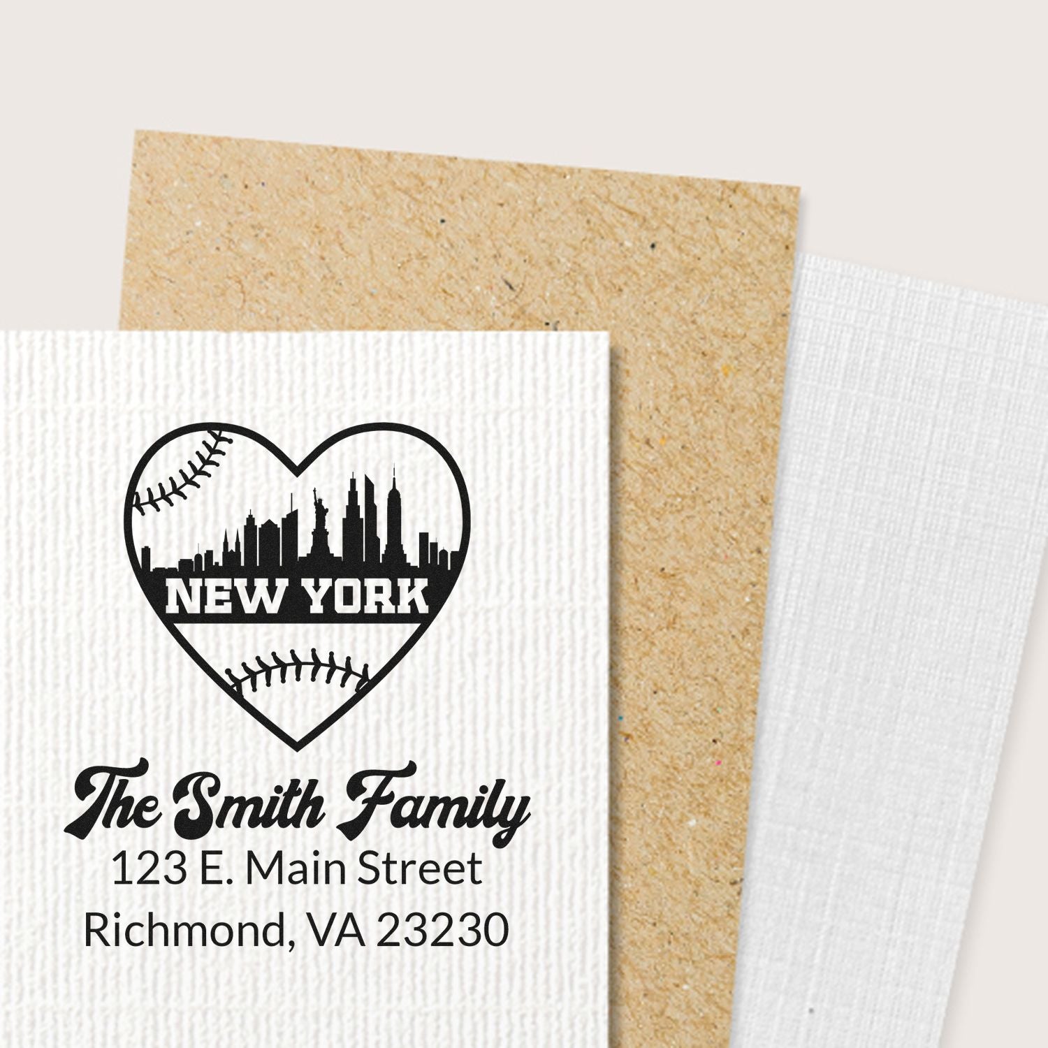 Personalized New York baseball heart return address rubber stamp for The Smith Family.