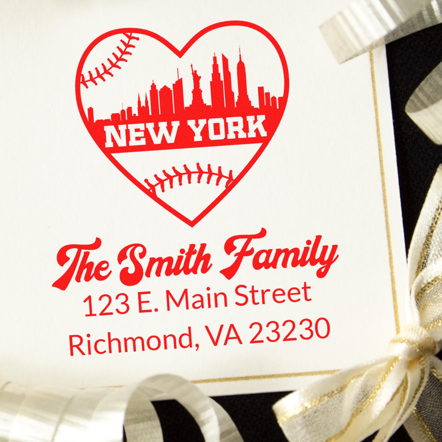 Custom New York baseball heart return address rubber stamp for The Smith Family, Richmond VA, ideal for holiday cards and gifts.