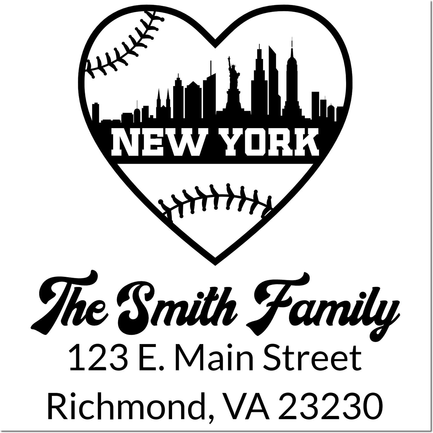 Custom New York skyline heart baseball family address rubber stamp for The Smith Family, Richmond, VA 23230