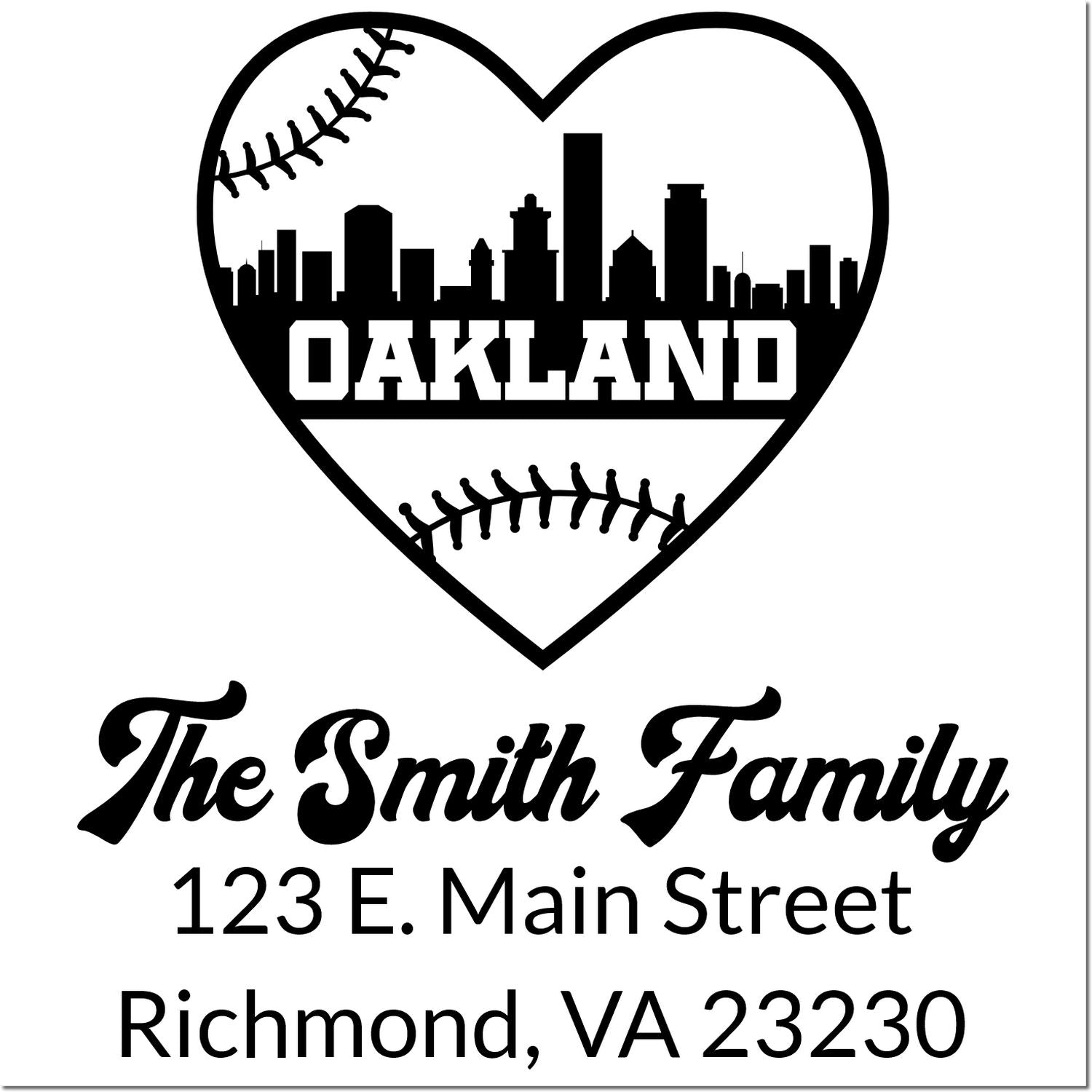 Personalized rubber stamp with Oakland heart skyline and baseball design for The Smith Family, 123 E. Main Street, Richmond, VA 23230