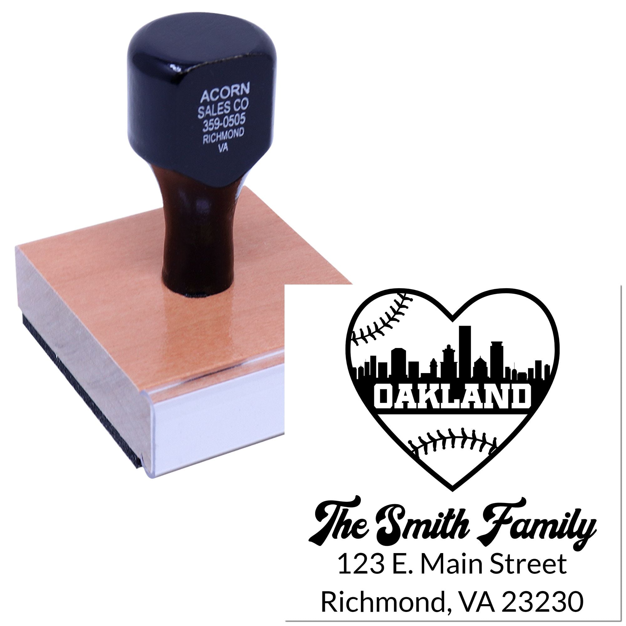 Custom rubber stamp with family name, address, and baseball heart design for personalized mailing and craft projects.