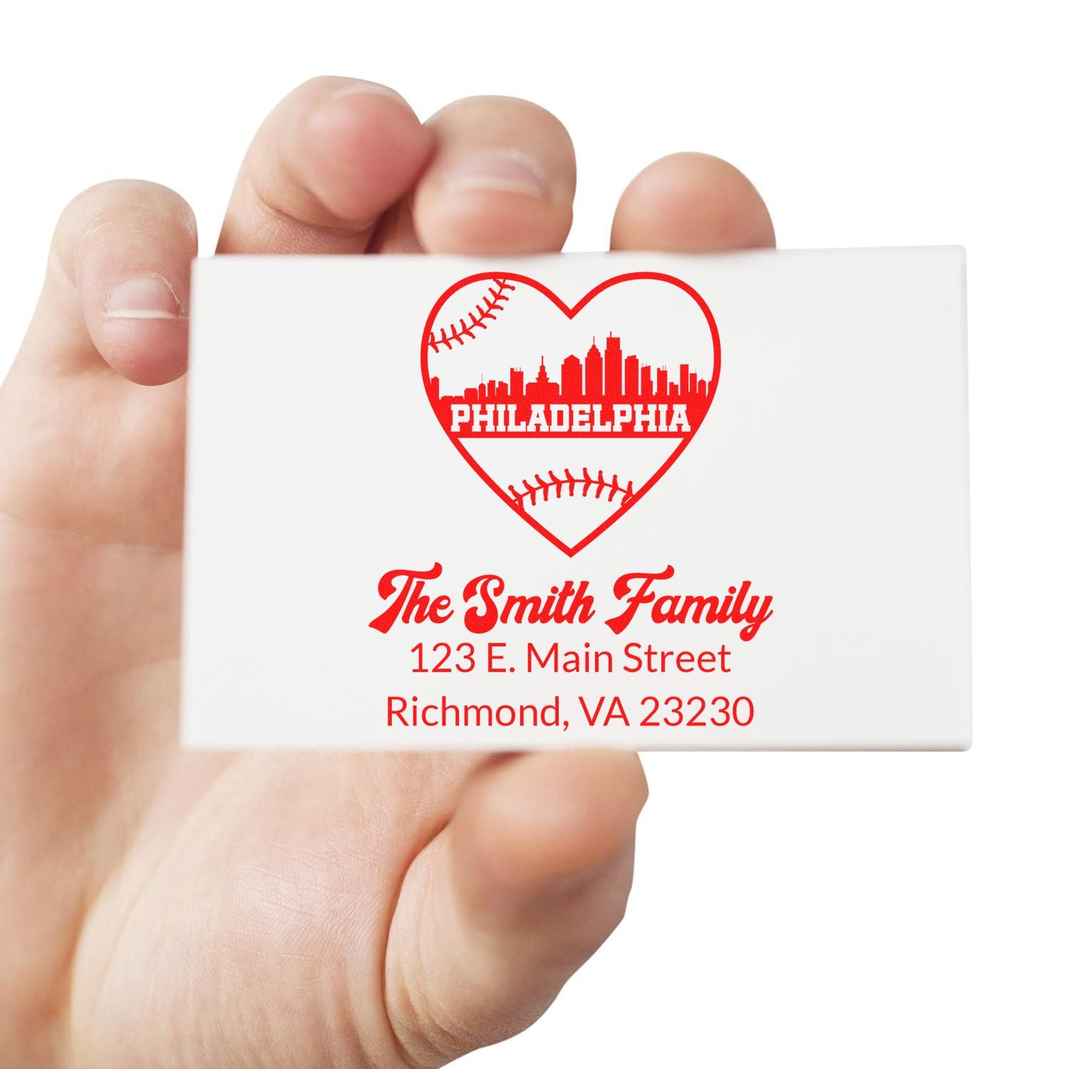 Custom Philadelphia family return address rubber stamp with baseball heart skyline design for The Smith Family
