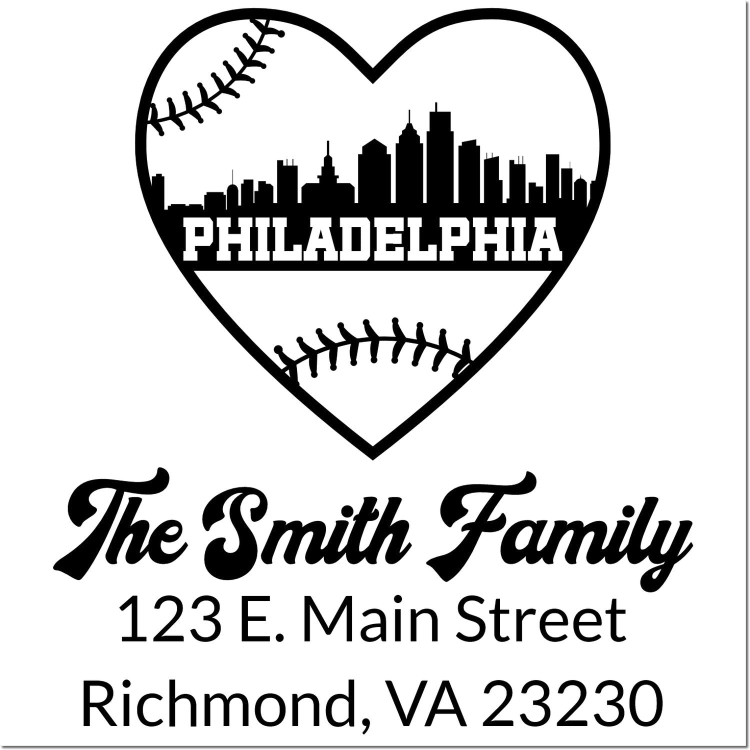Custom address rubber stamp with Philadelphia skyline heart, baseball seams, and The Smith Family, 123 E. Main St., Richmond, VA 23230.