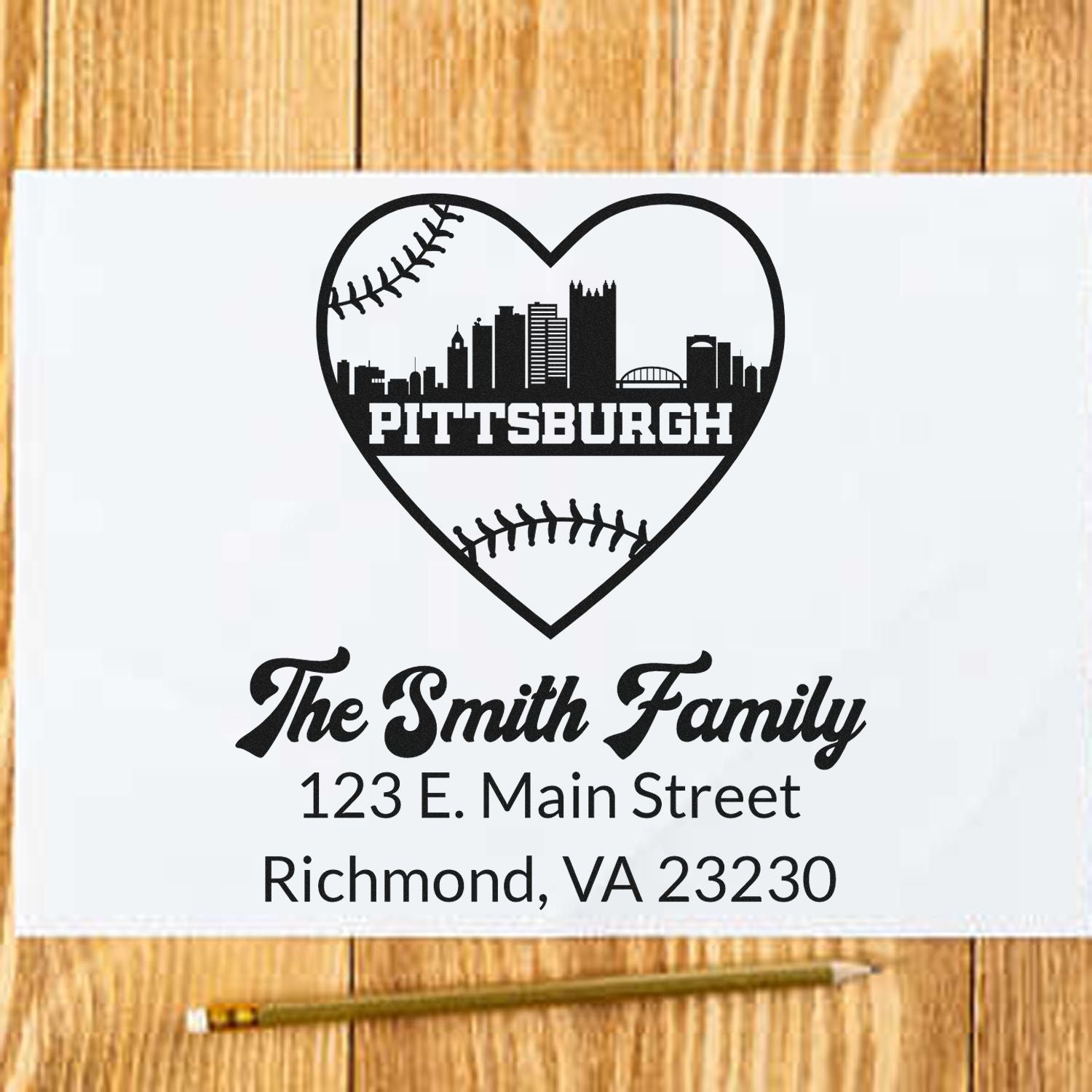 Custom Pittsburgh family return address rubber stamp with baseball heart skyline, The Smith Family, and address.
