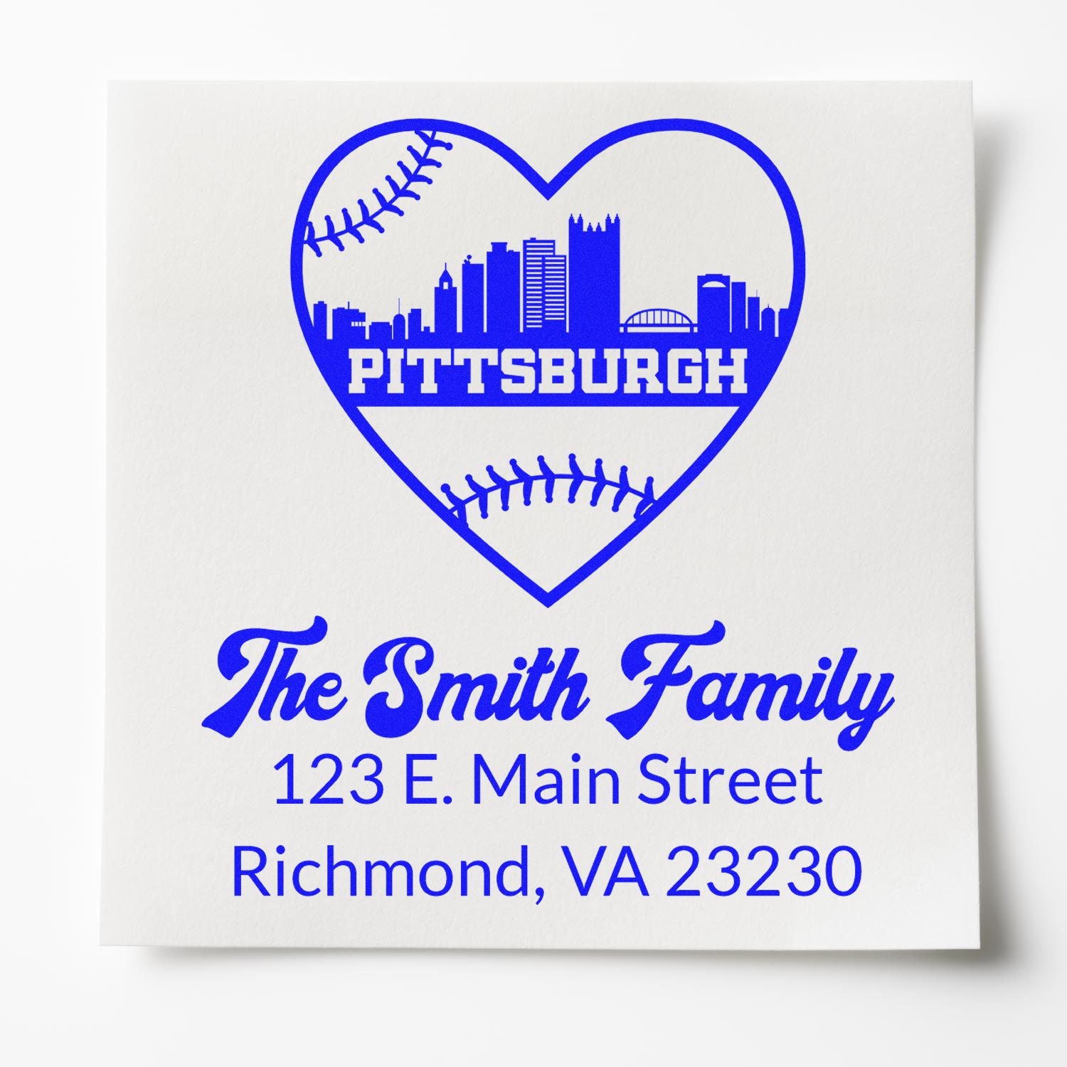 Custom Pittsburgh baseball heart family return address rubber stamp for The Smith Family, Richmond, VA 23230