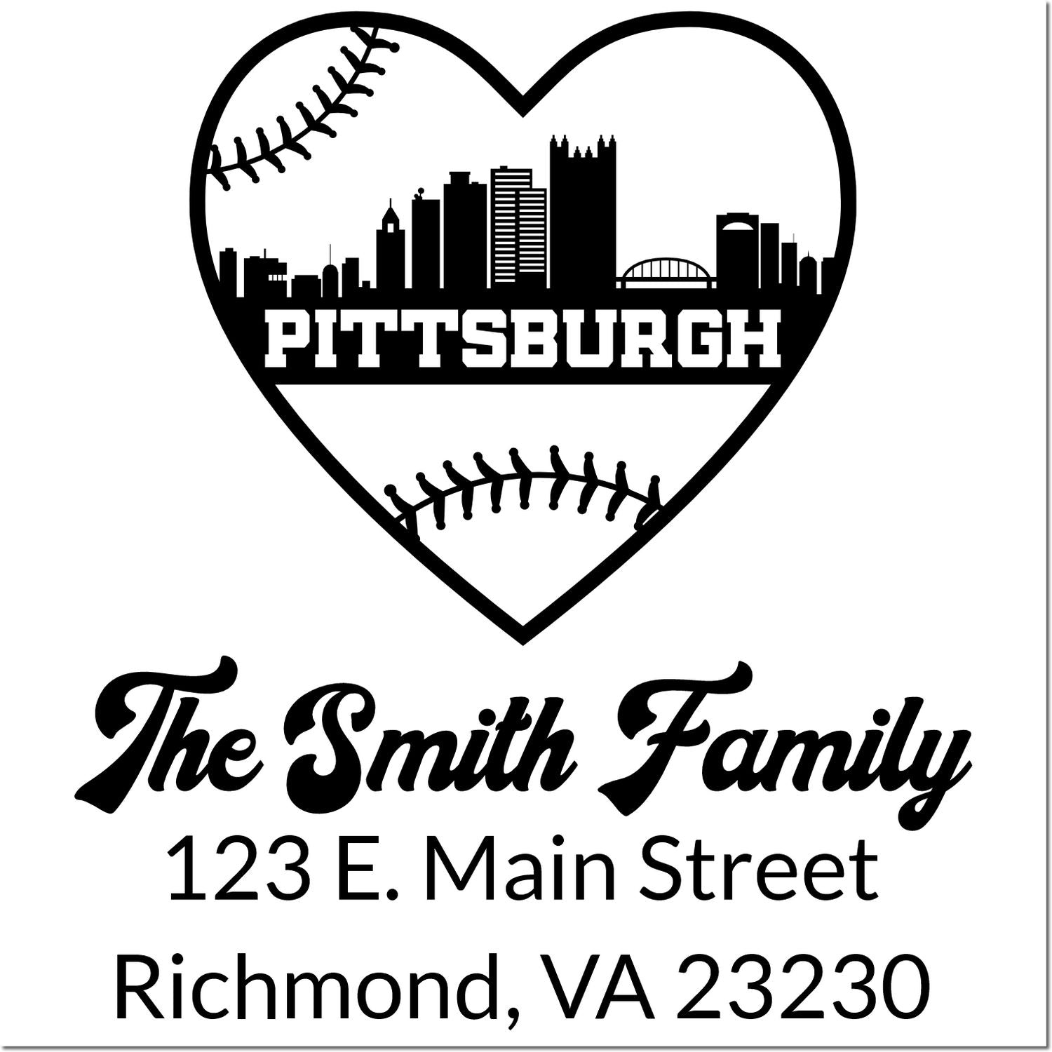Custom family return address rubber stamp with Pittsburgh baseball heart design for The Smith Family, Richmond, VA 23230
