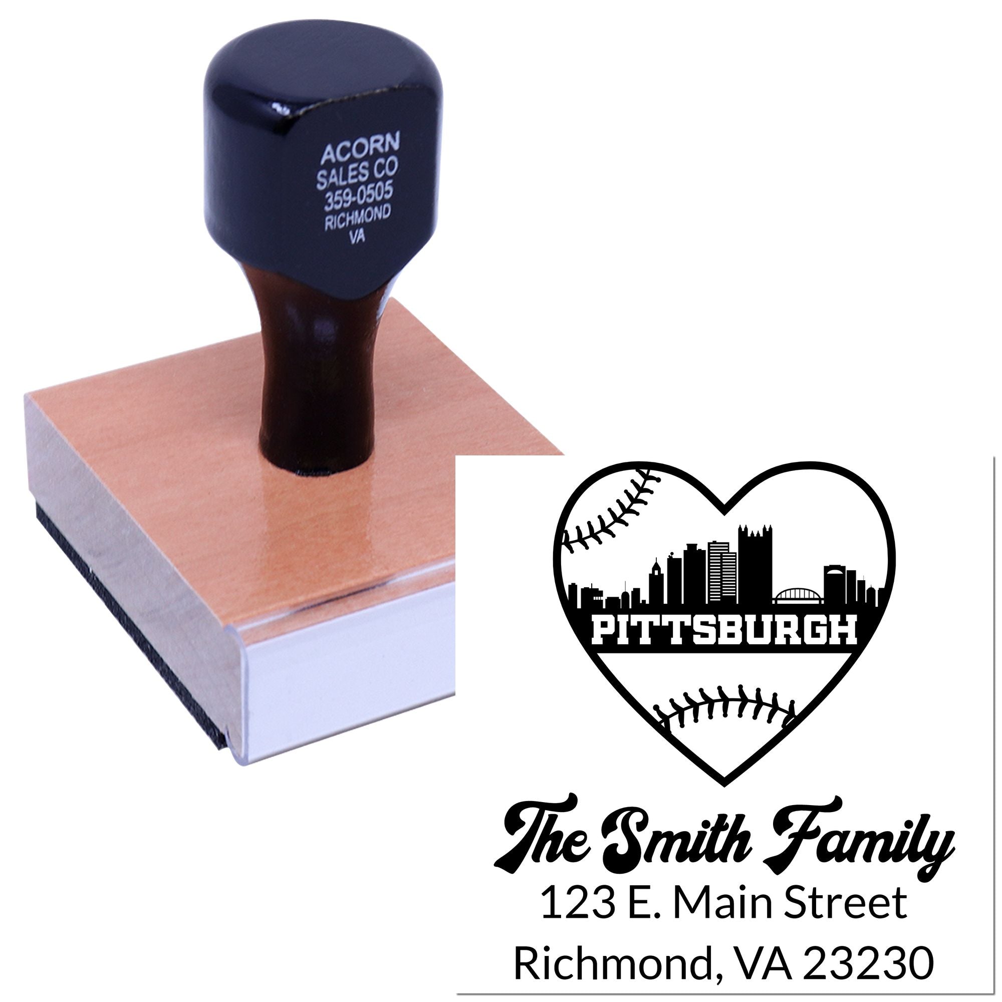 Custom rubber stamp with personalized Pittsburgh family address design for mailing, packaging, and branding.