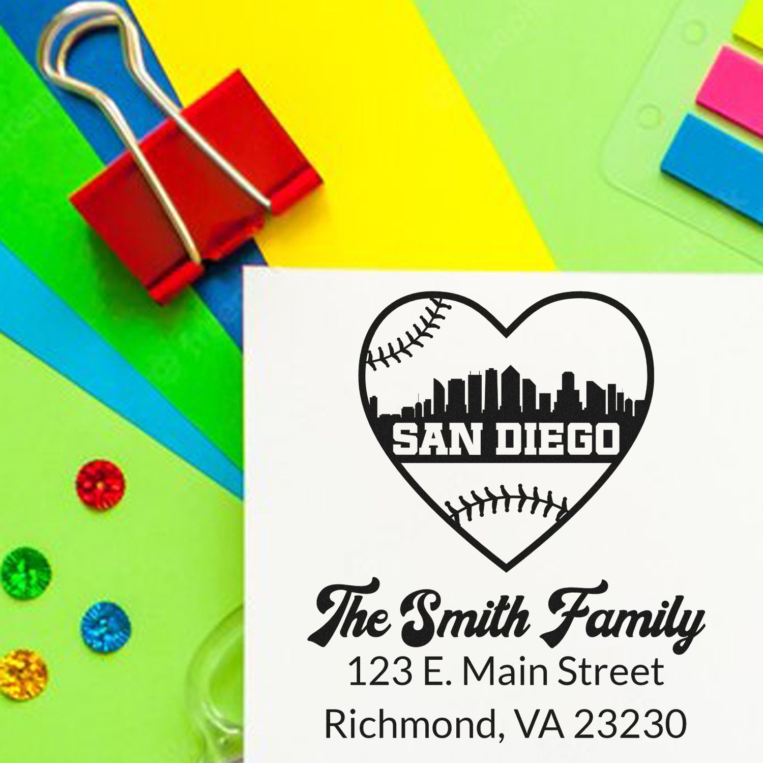 Personalized rubber stamp design with San Diego baseball heart logo, Smith family name, and return address