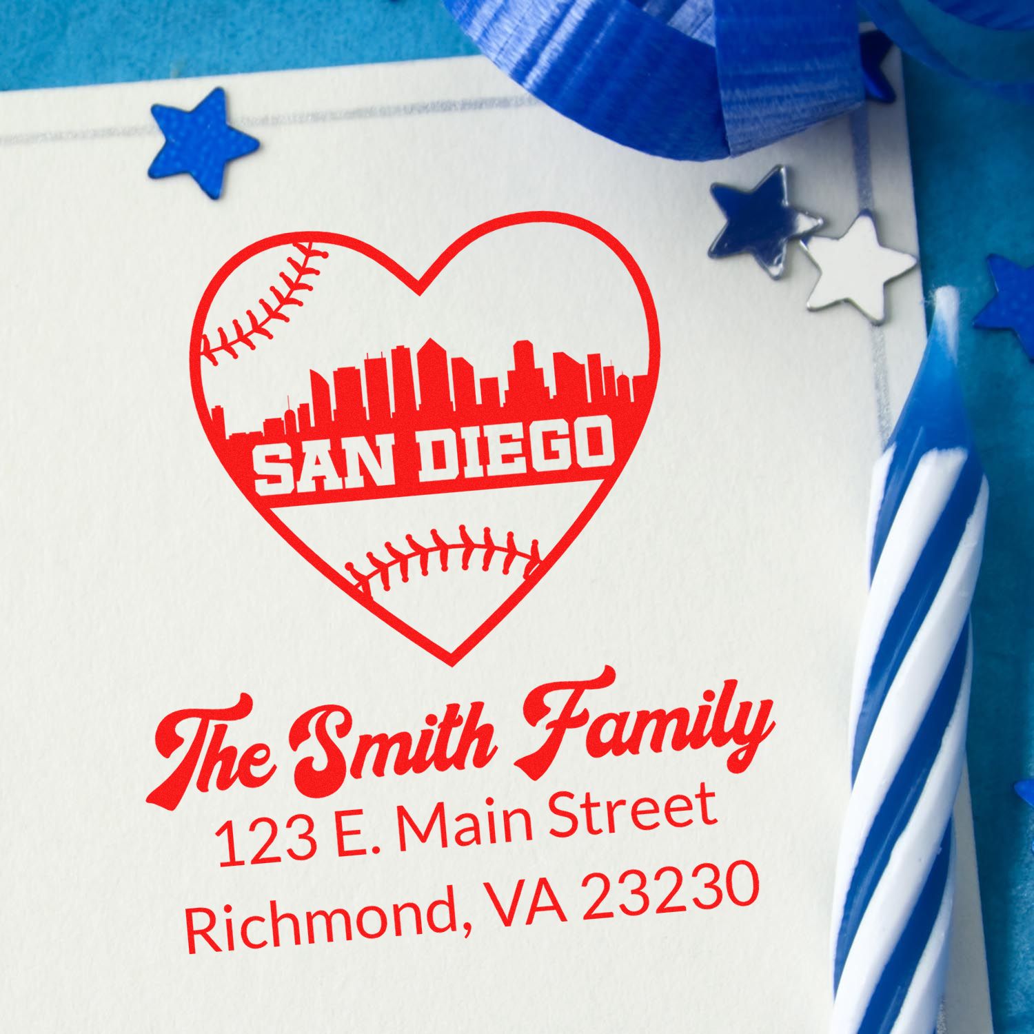 Custom baseball-themed return address rubber stamp with San Diego heart logo, Smith Family name, and mailing address.
