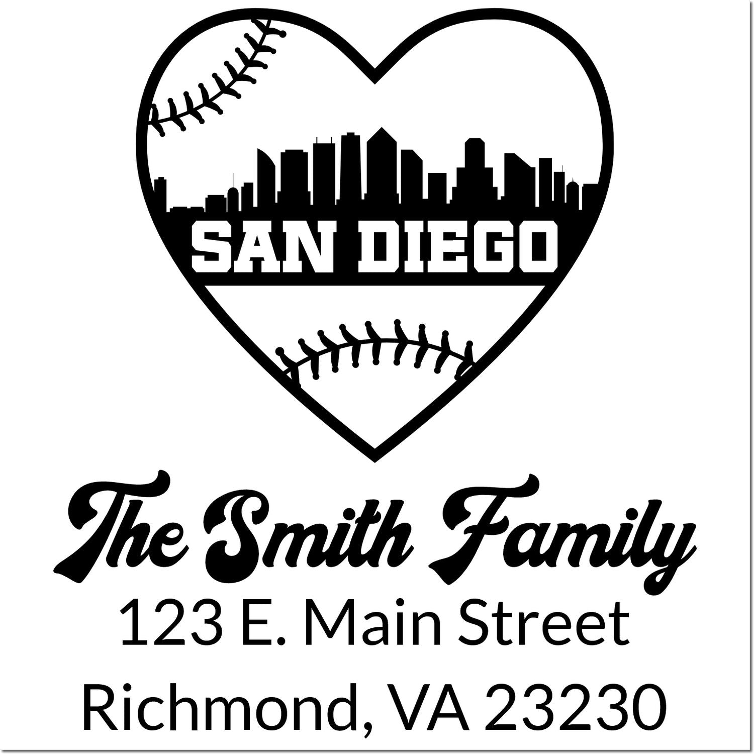 Custom family address rubber stamp with San Diego heart and baseball skyline, The Smith Family, Richmond VA 23230