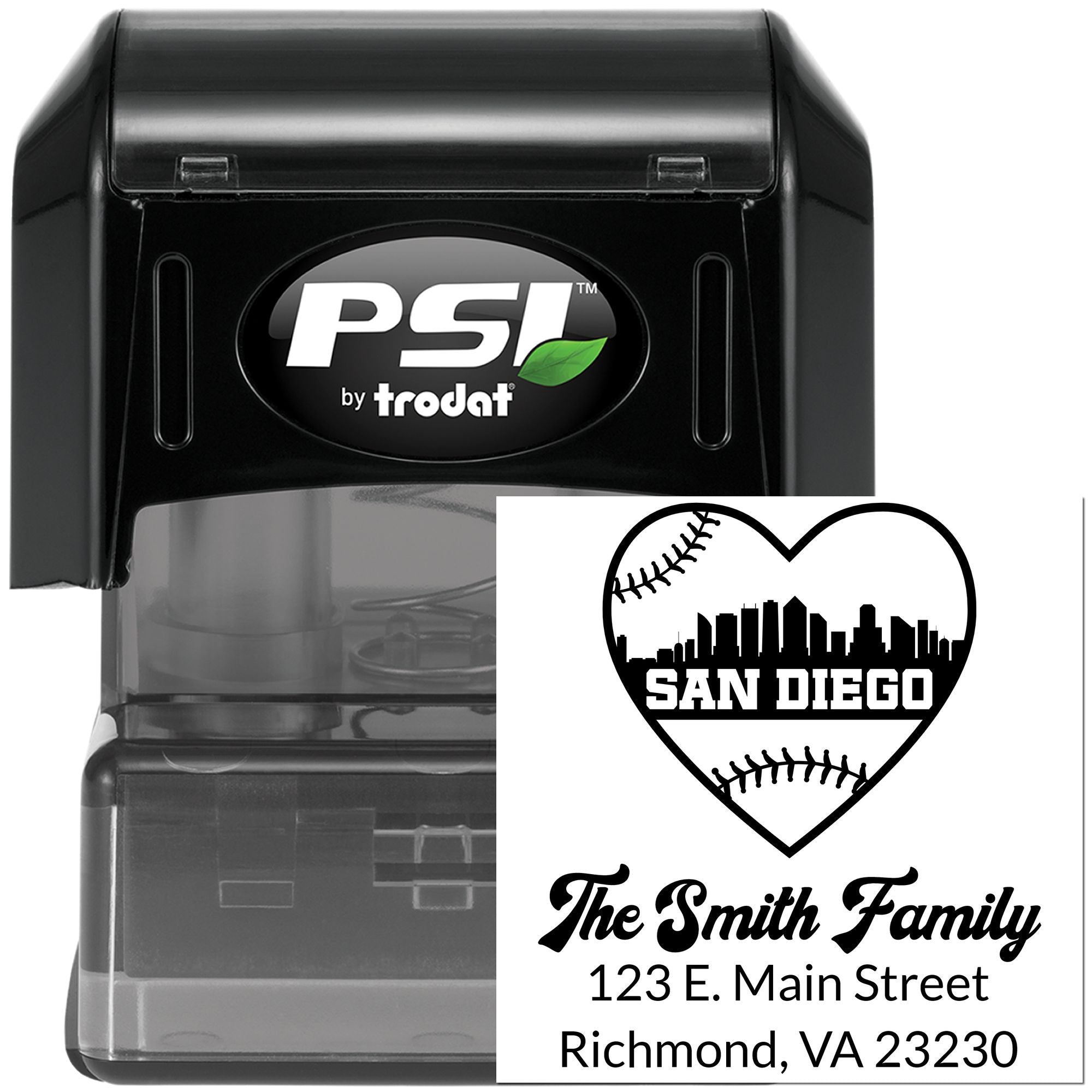 Custom self-inking rubber address stamp by PSI Trodat for personalized family mailings, with San Diego baseball design.
