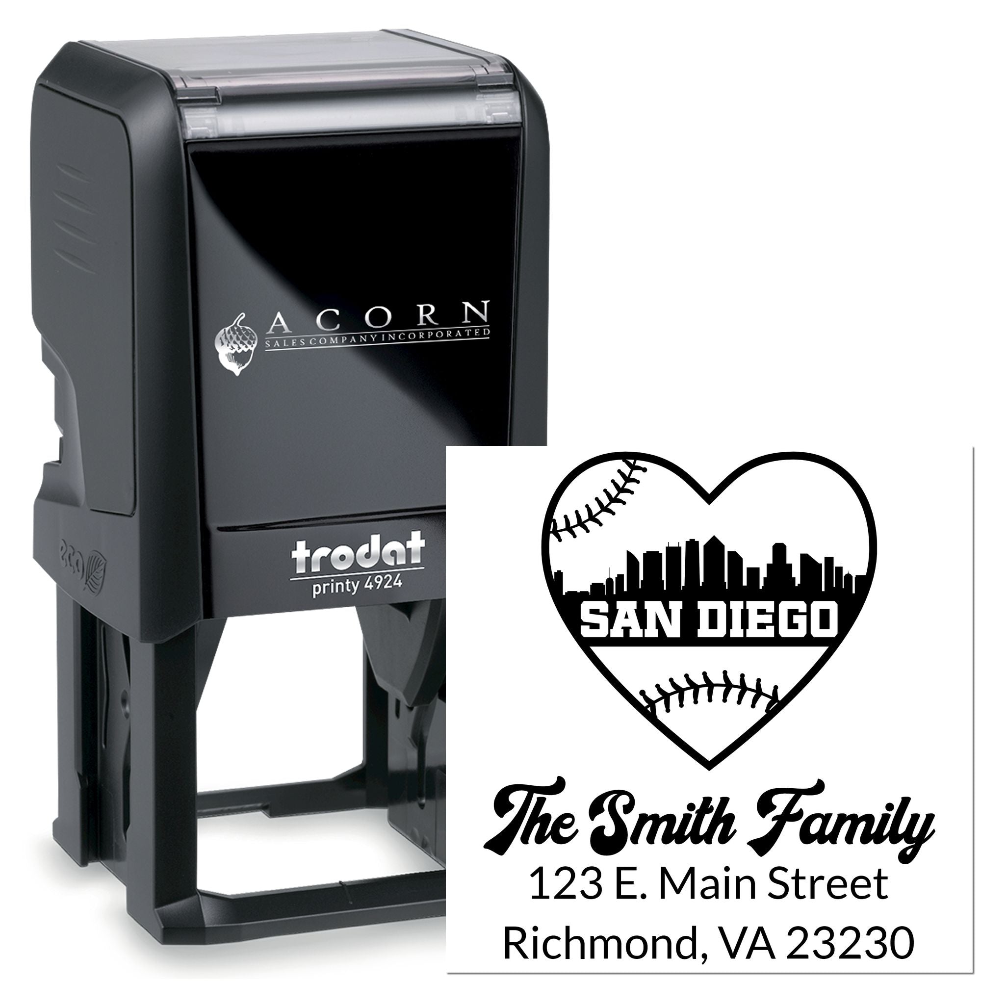 Trodat Printy 4924 custom self-inking rubber stamp with personalized family address and baseball heart design.