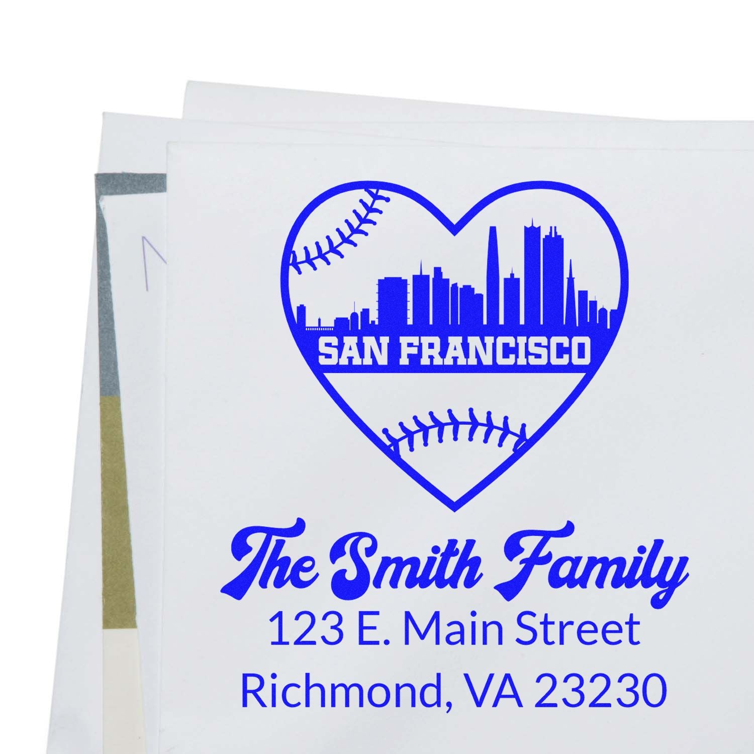 Custom rubber stamp for The Smith Family with San Francisco skyline heart and baseball design, return address in Richmond, VA.