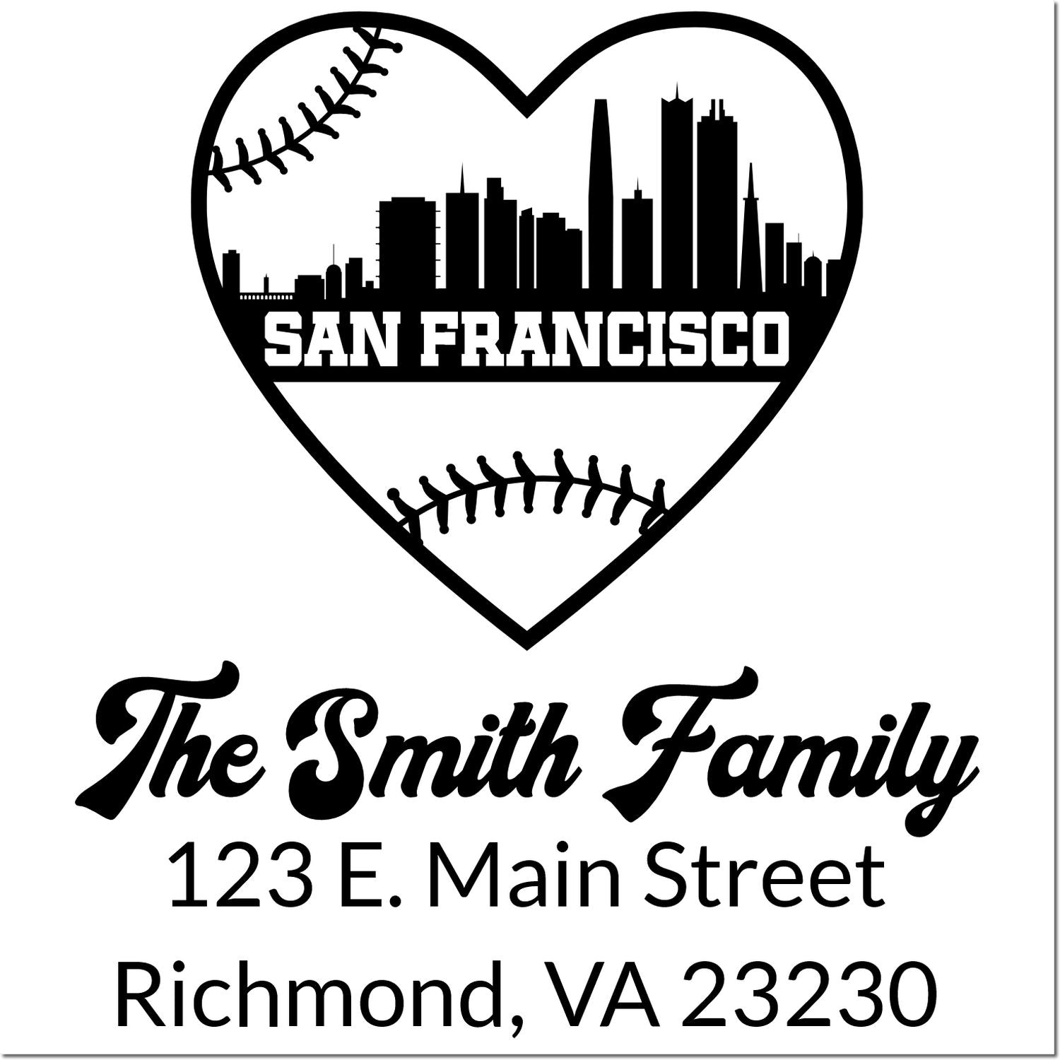 Personalized return address rubber stamp for The Smith Family with San Francisco skyline heart and baseball design
