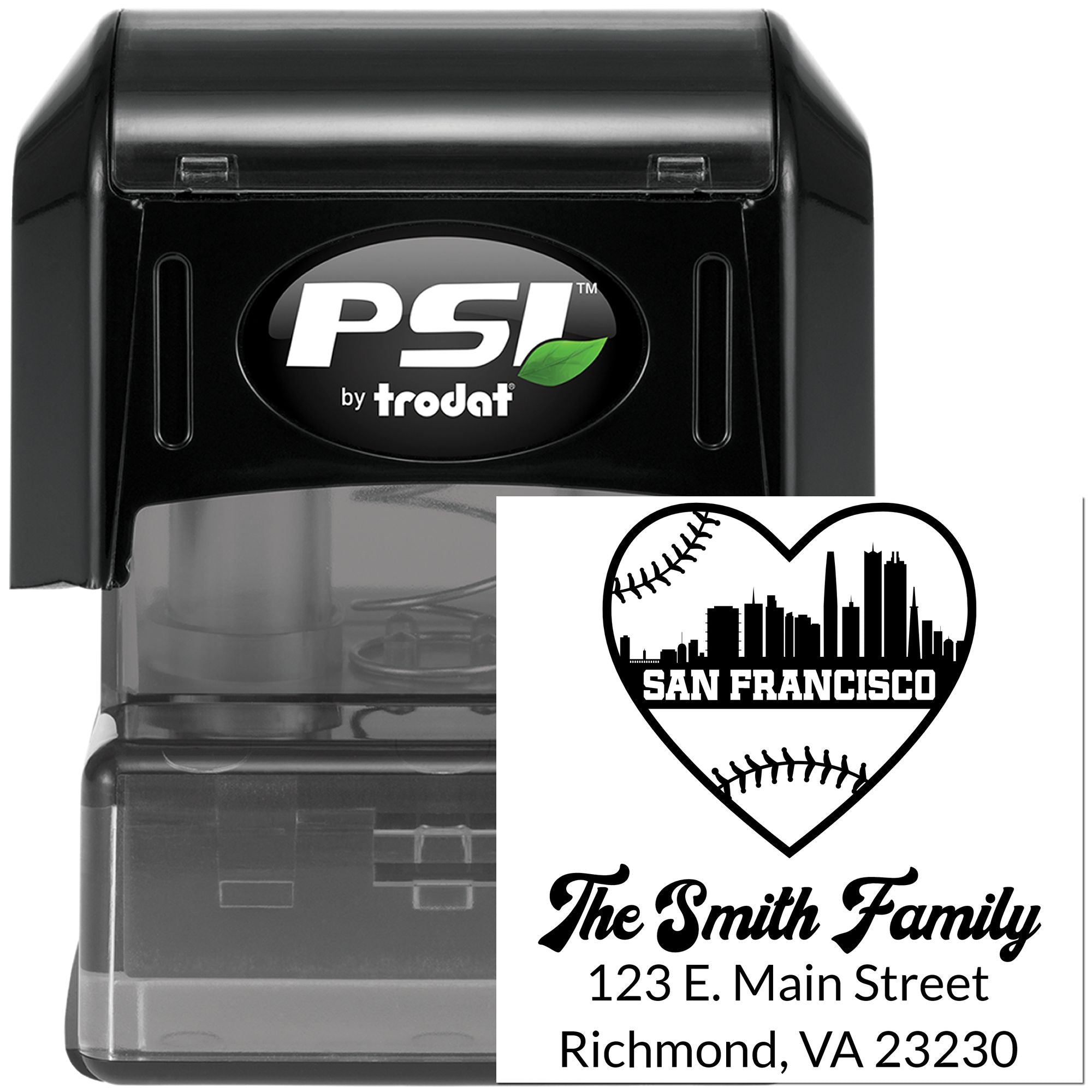 Custom self-inking rubber stamp by PSI Trodat featuring a baseball San Francisco family address design