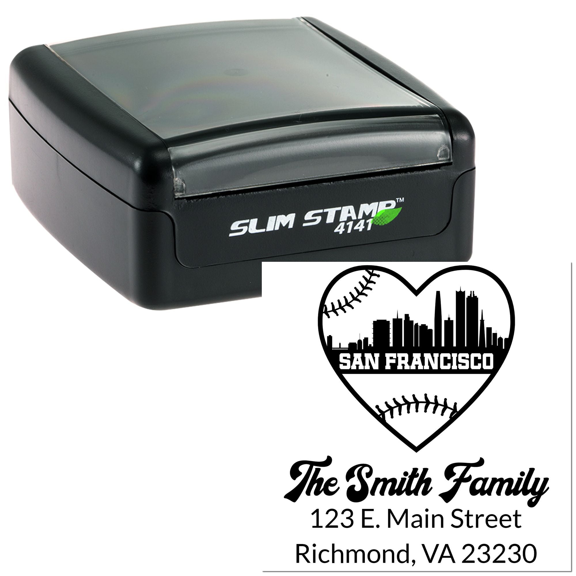 Custom self-inking rubber stamp with San Francisco baseball heart design and family address imprint