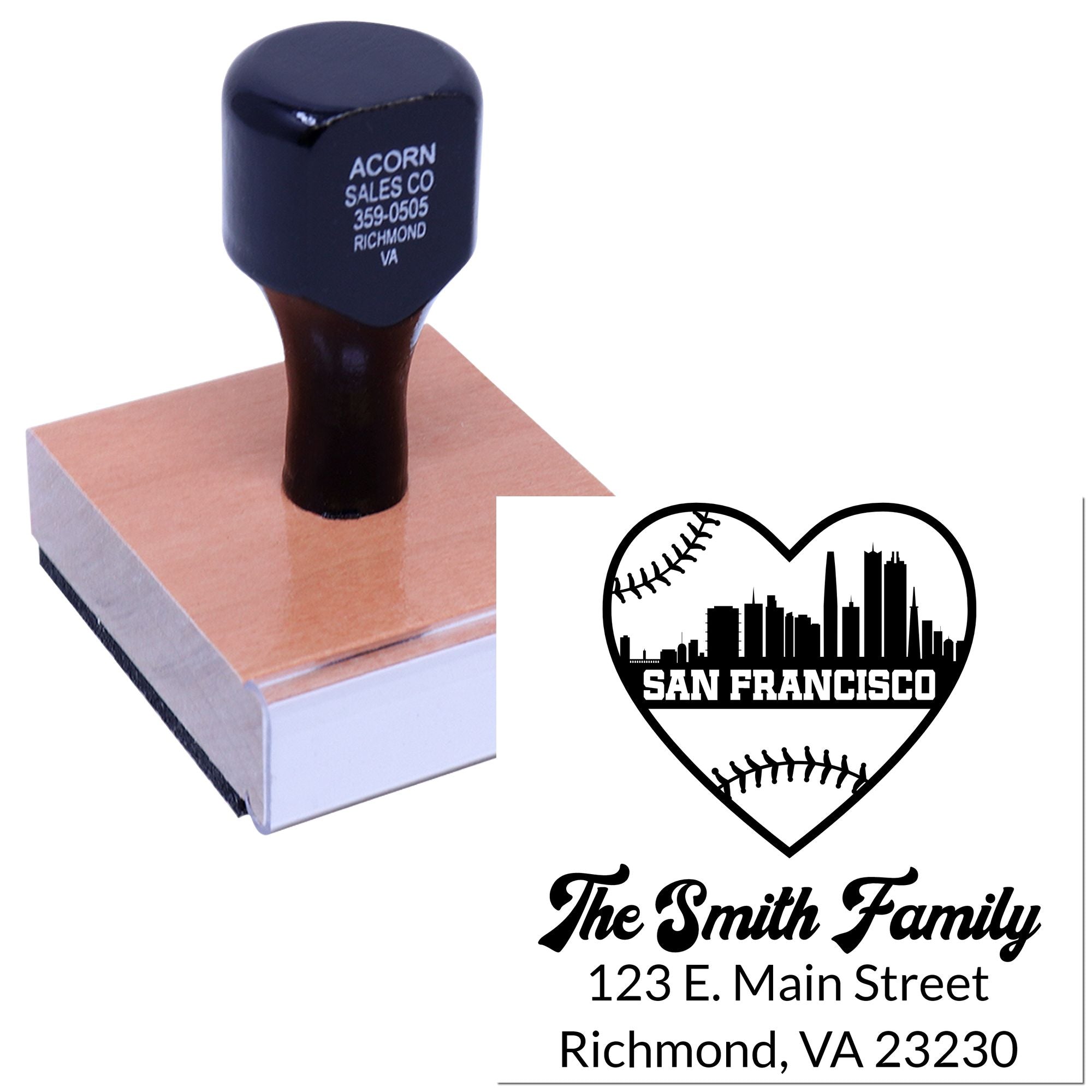 Custom rubber stamp and sample imprint for a personalized family address stamp with San Francisco baseball heart design.