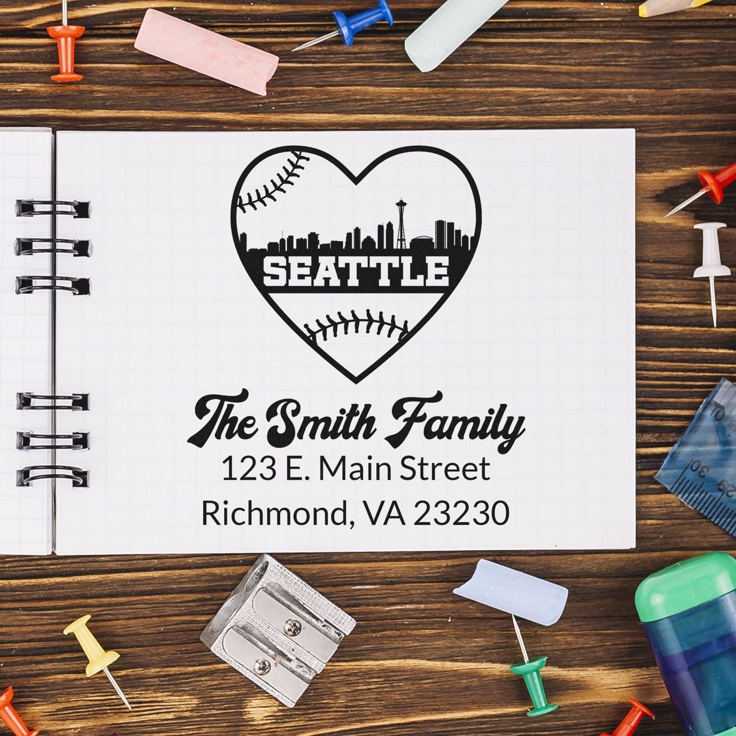 Personalized rubber stamp mockup with Seattle baseball heart, The Smith Family name, and Richmond, VA address.