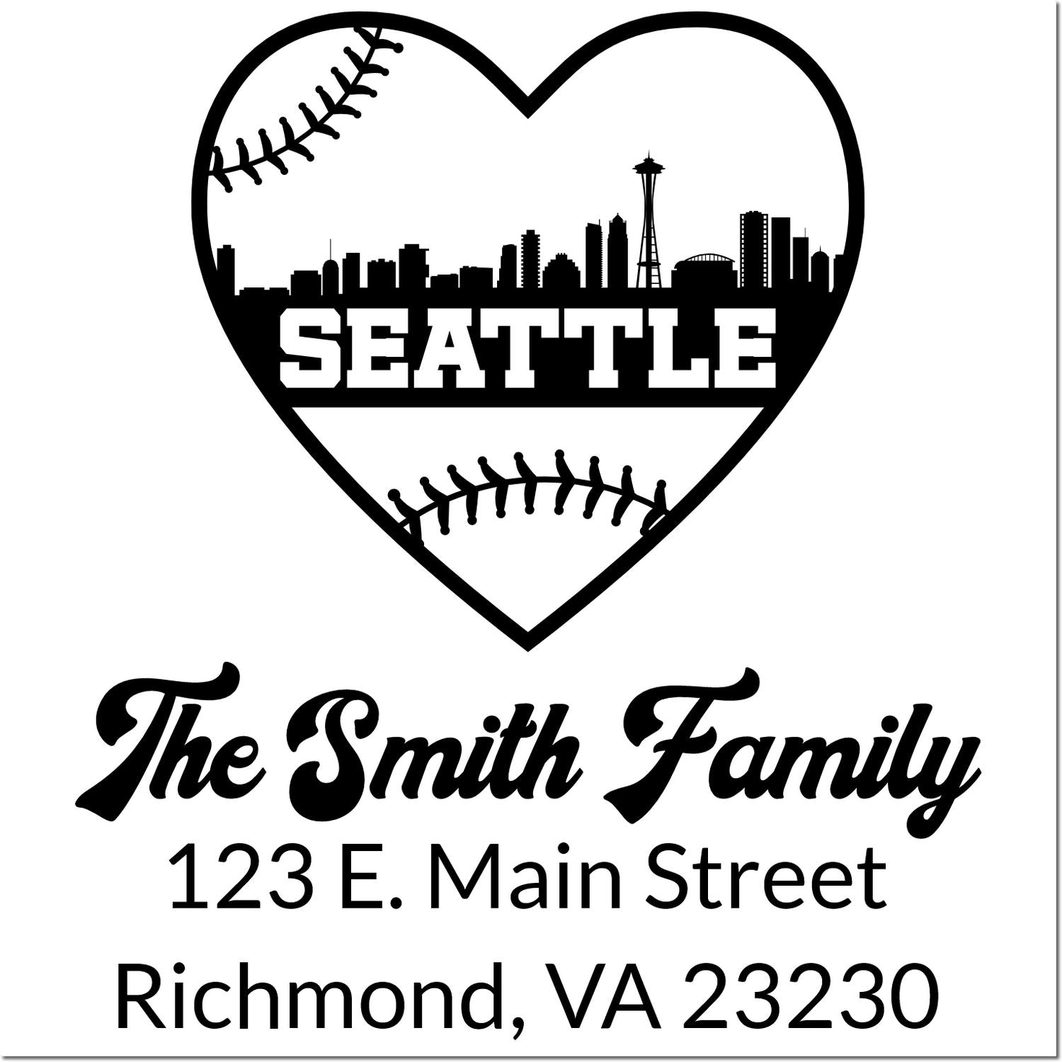 Custom Seattle baseball heart skyline return address rubber stamp for The Smith Family, 123 E. Main Street, Richmond, VA 23230