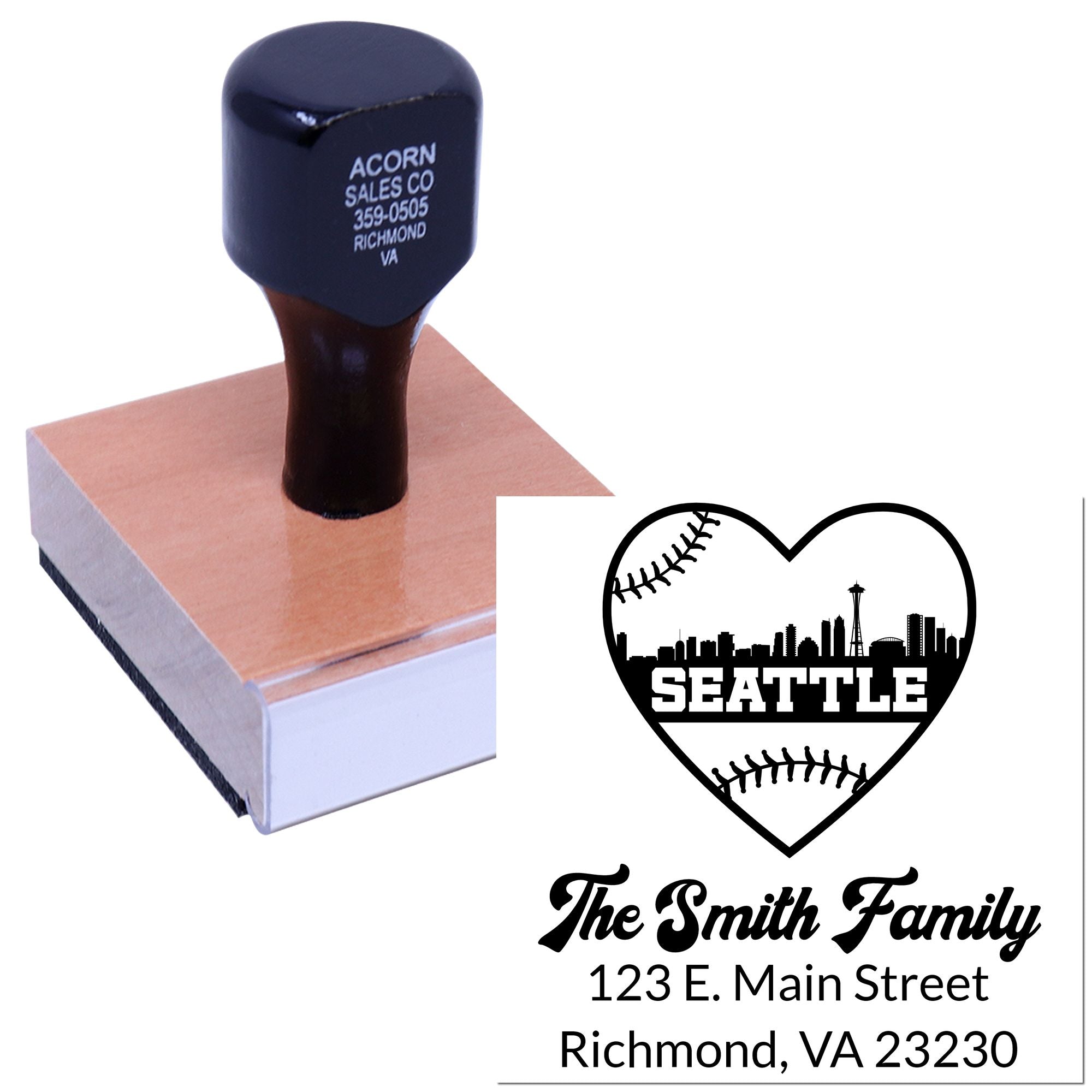 Custom address rubber stamp with Seattle baseball heart design for personalized family mailing and branding.