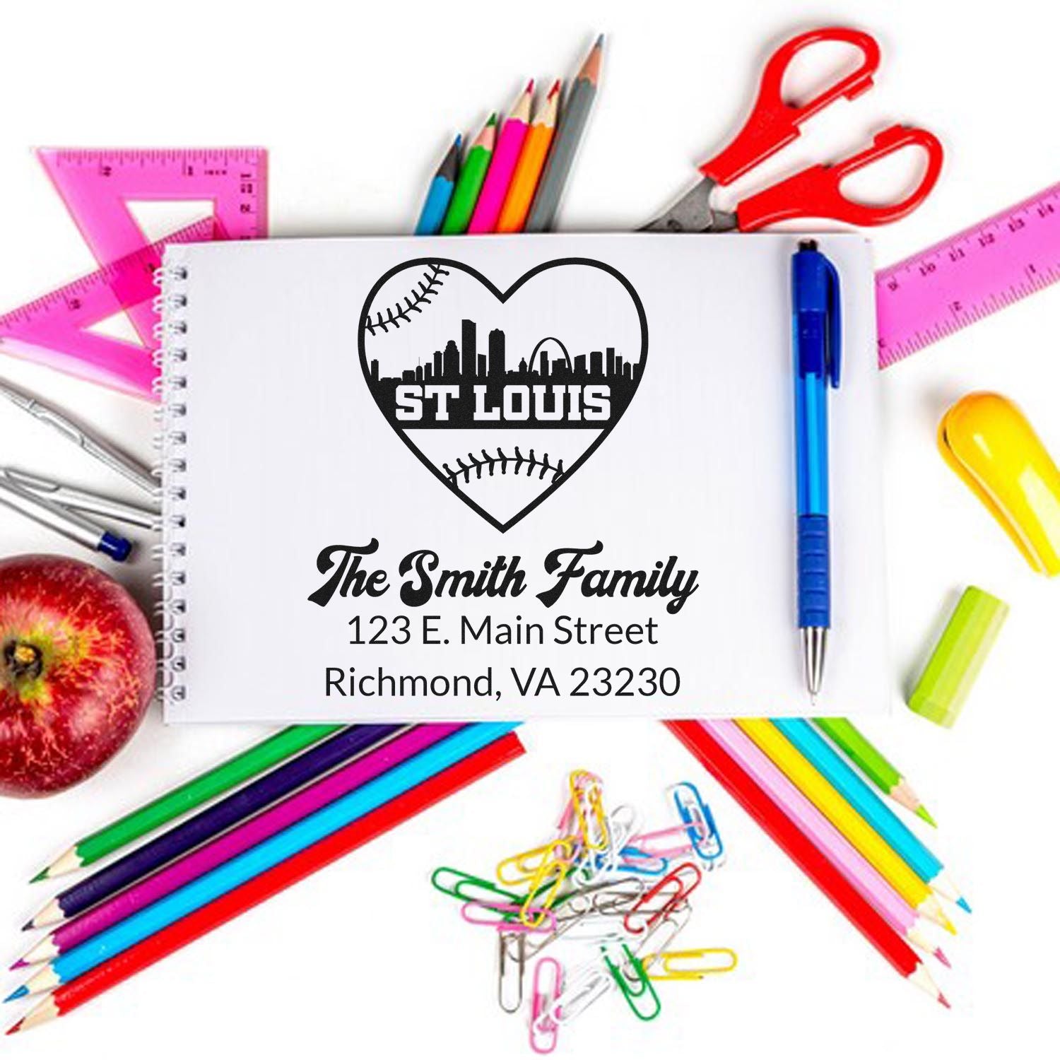 Personalized return address rubber stamp with St. Louis baseball heart logo, The Smith Family name, and home address
