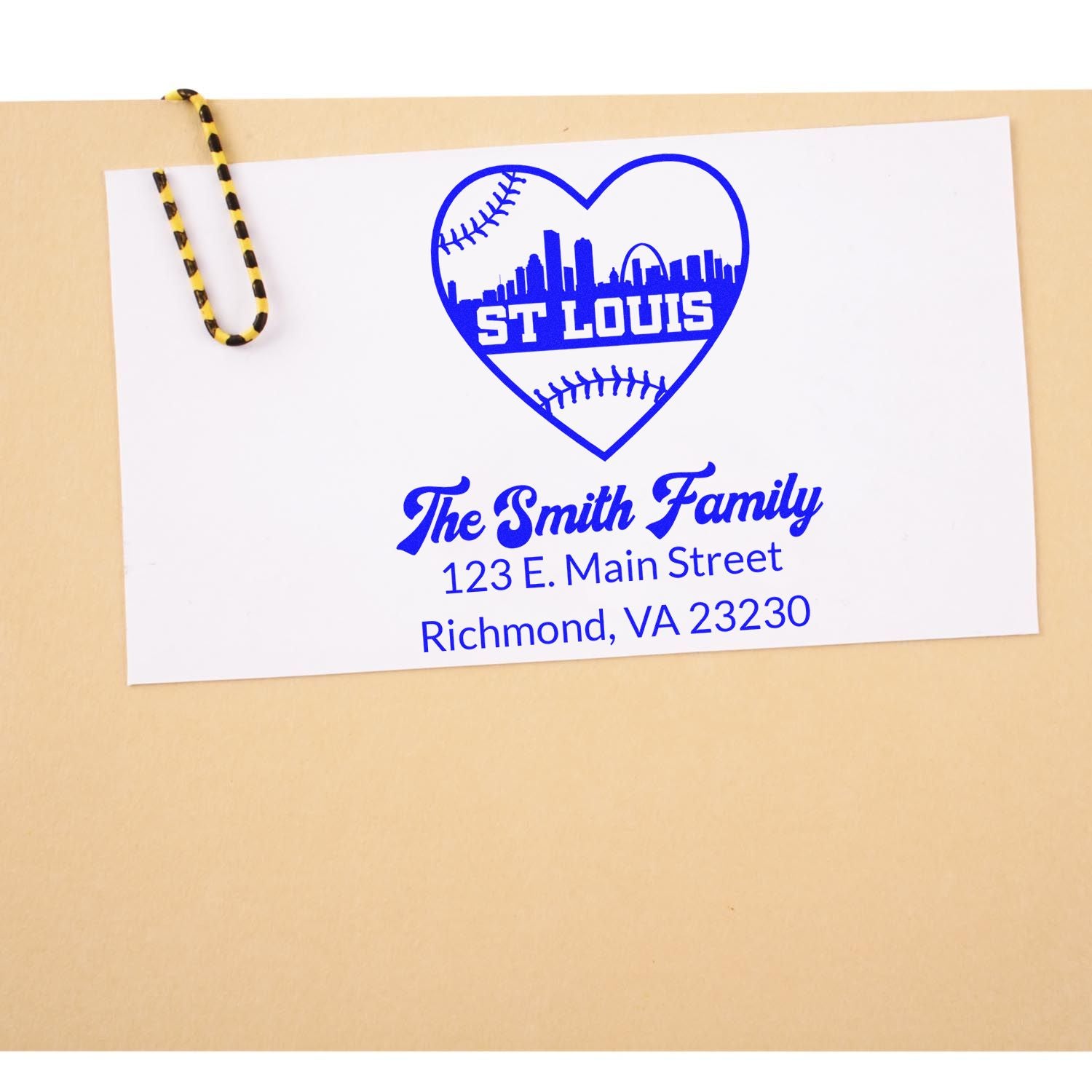 Custom return address rubber stamp for The Smith Family with St. Louis baseball heart design, Richmond, VA 23230.