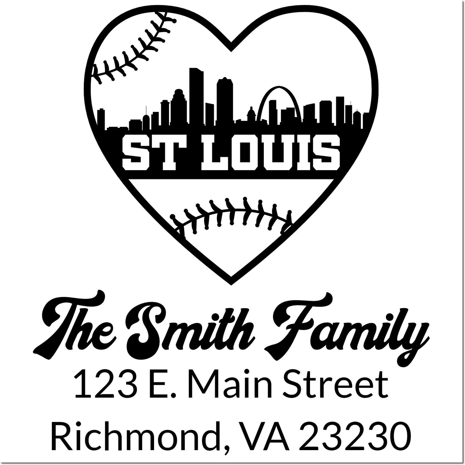 Custom family address rubber stamp with St. Louis baseball heart logo, The Smith Family, 123 E. Main Street, Richmond, VA 23230