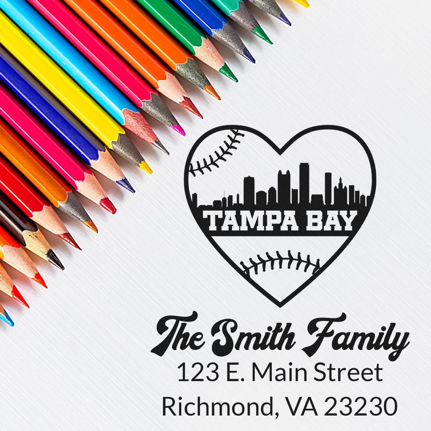 Custom Tampa Bay family return address rubber stamp with heart baseball skyline design and personalized name and address.