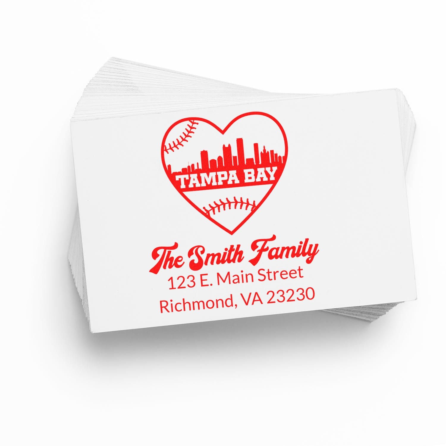 Custom Tampa Bay family rubber stamp with baseball heart design, name and address for personalized return mail.