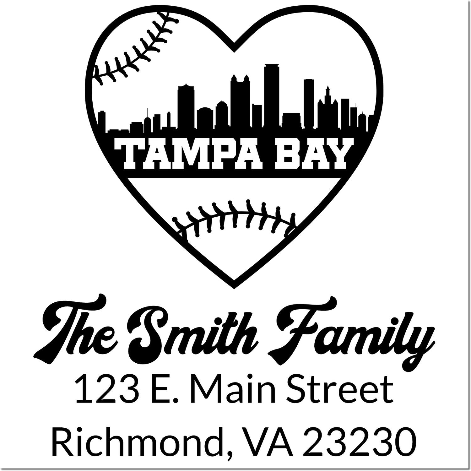 Custom Tampa Bay baseball heart family rubber stamp with The Smith Family name and address for personalized mail.