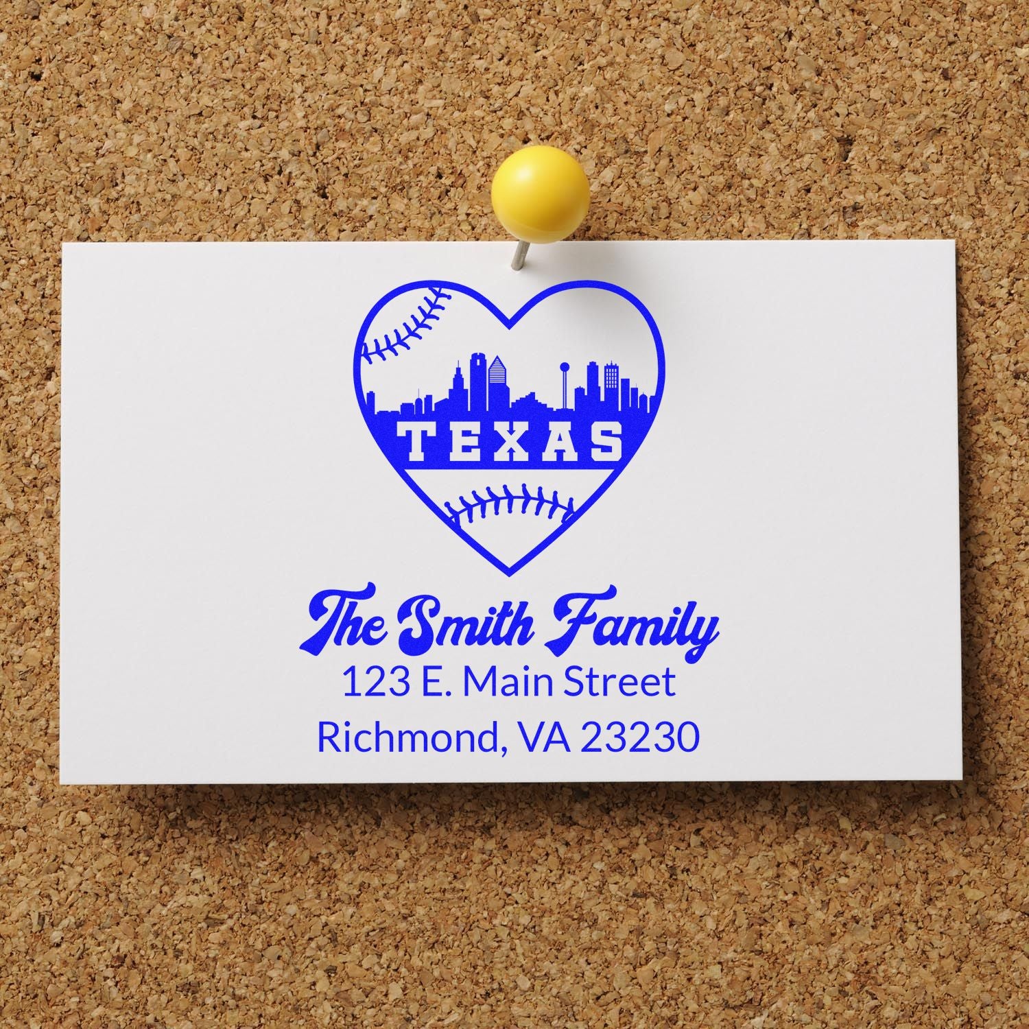 Custom Texas family address rubber stamp with heart skyline baseball design for The Smith Family, Richmond, VA.