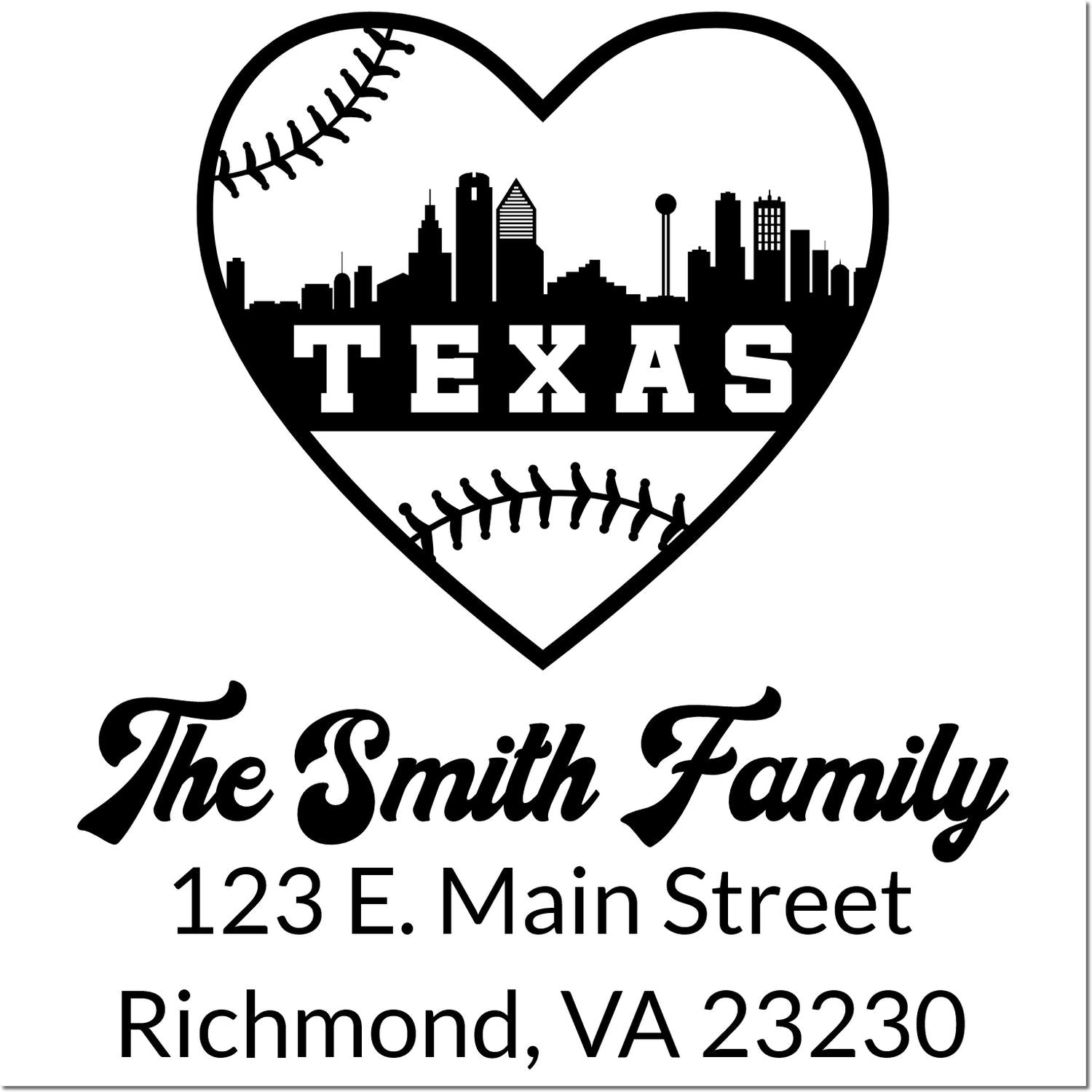 Custom Texas baseball heart family address rubber stamp with skyline, The Smith Family, 123 E. Main Street, Richmond VA 23230