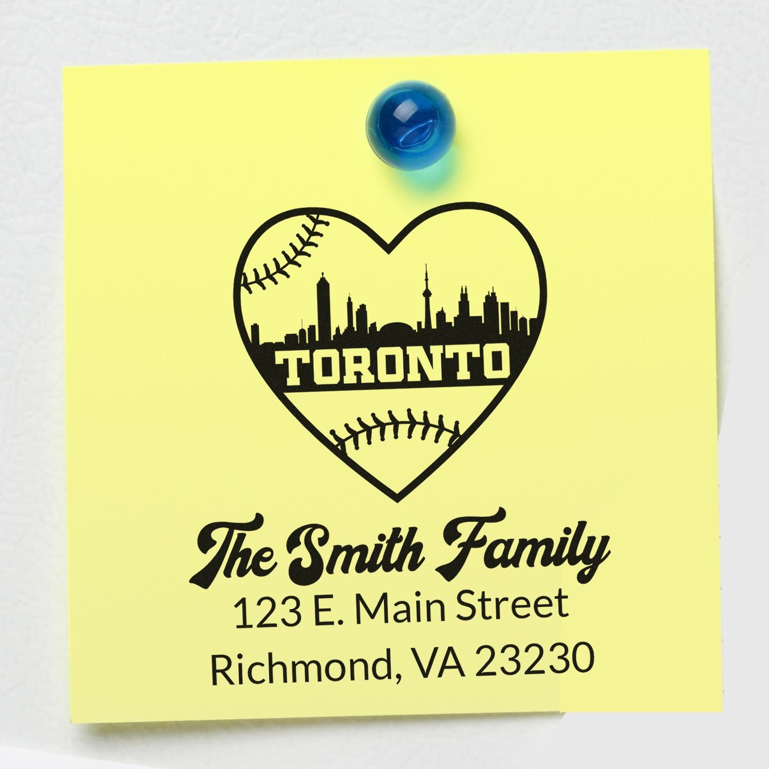 Custom Smith Family return address rubber stamp sample with Toronto skyline heart and baseball accents.