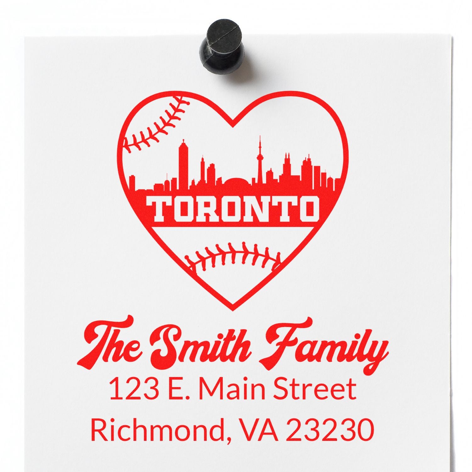 Custom return address rubber stamp with Toronto baseball heart logo, The Smith Family, 123 E. Main Street, Richmond, VA 23230
