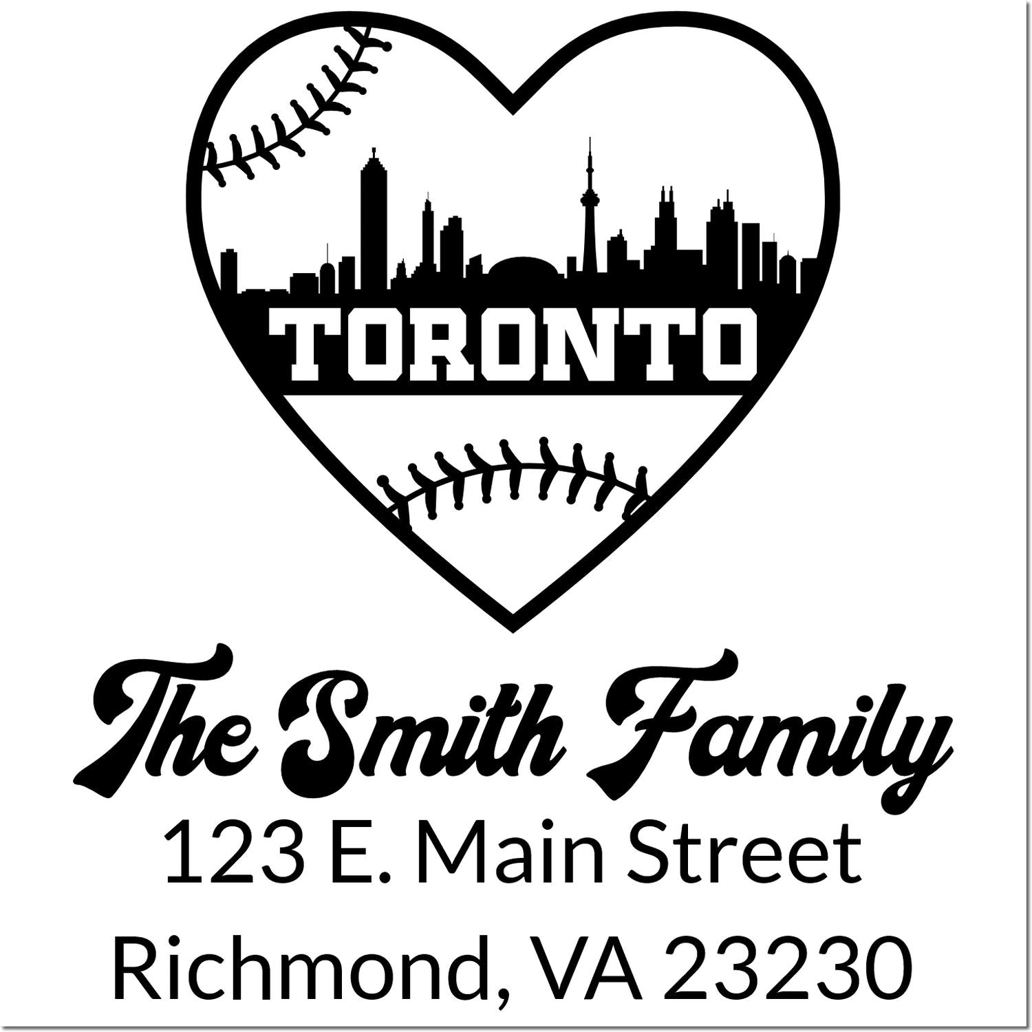 Custom Toronto baseball heart rubber stamp with skyline, The Smith Family, and return address, Richmond, VA 23230.